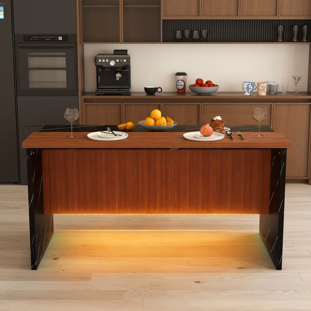 63" Modern Kitchen Island with Marble-Look Surface, LED Lights & Grille Design for Dining Room, Living Room, Black(Island Only)