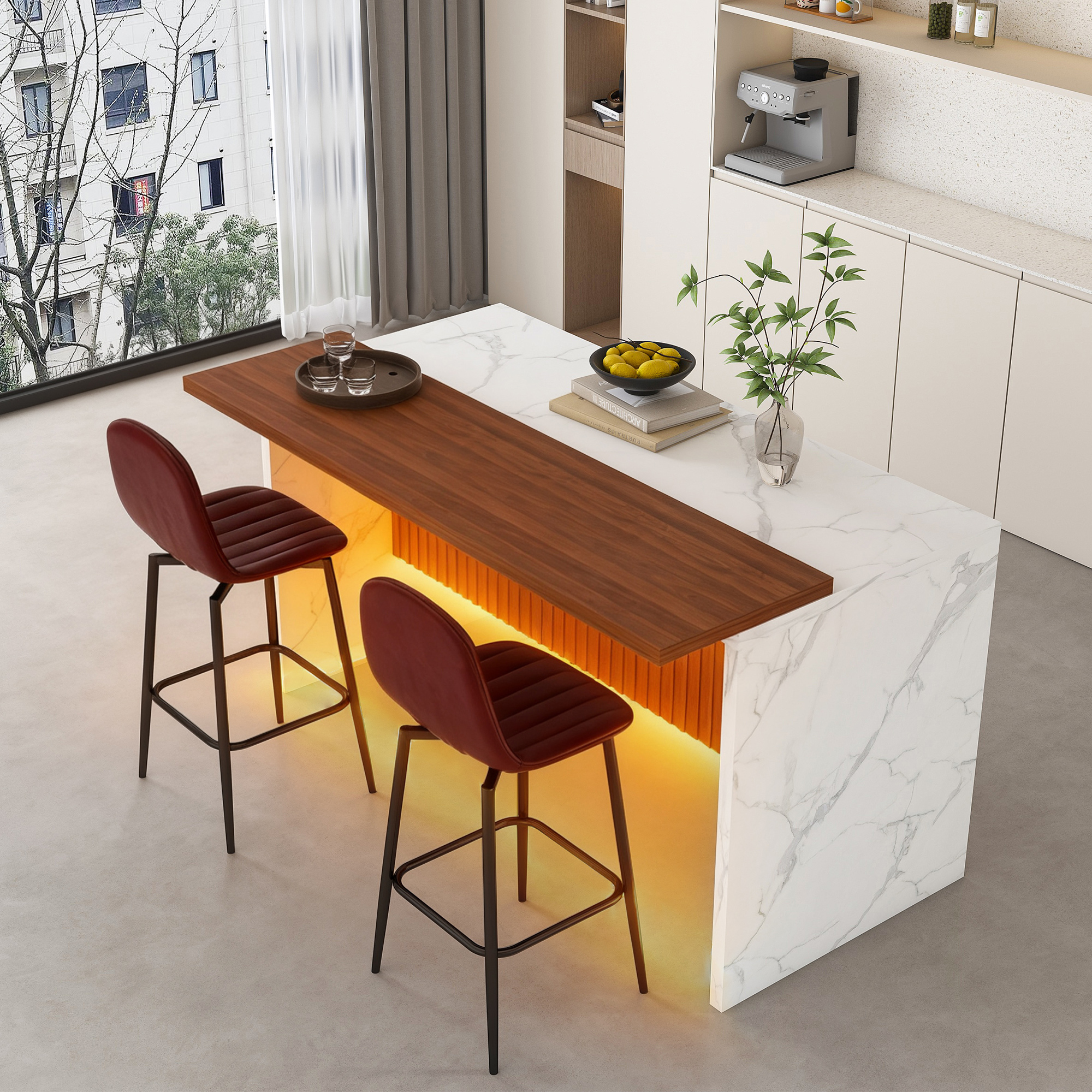 63" Modern Kitchen Island with Marble-Look Surface, LED Lights & Grille Design, White (2 Dark Brown Bar Stools)