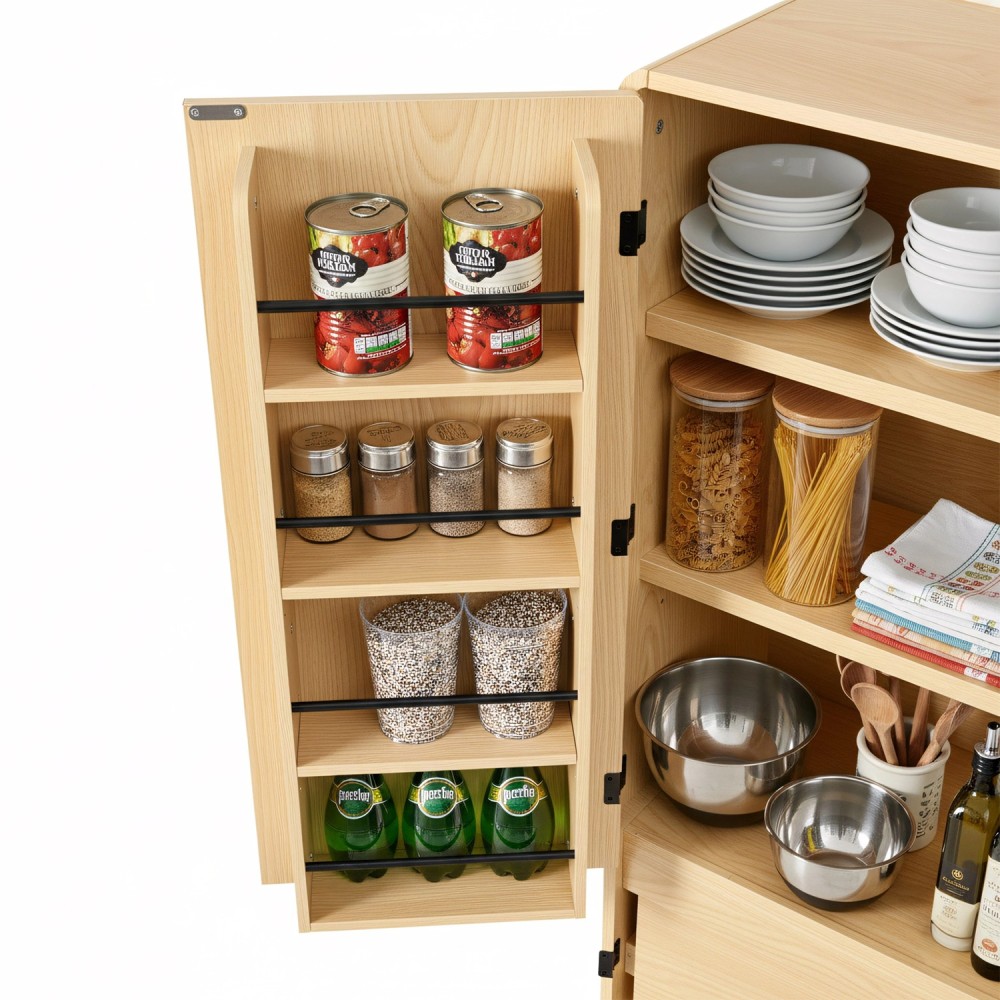 K&K 72" Tall Farmhouse Kitchen Pantry Cabinet with 8 Door Shelves, Curved Design Storage Cabinet with 3 Adjustable Shelves, Hidden Drawer, Versatile Cupboard for Kitchen, Dining & Bathroom, Natural
