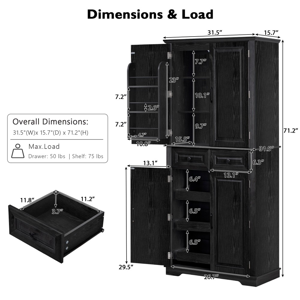 K&K 71" Tall Kitchen Pantry Cabinet with 3 Pull Out Cabinet Organizers, Farmhouse Embossed Texture Storage Cabinet with 6 Door Shelves, 2 Drawers, Freestanding Cupboard for Kitchen, Dining Room Black