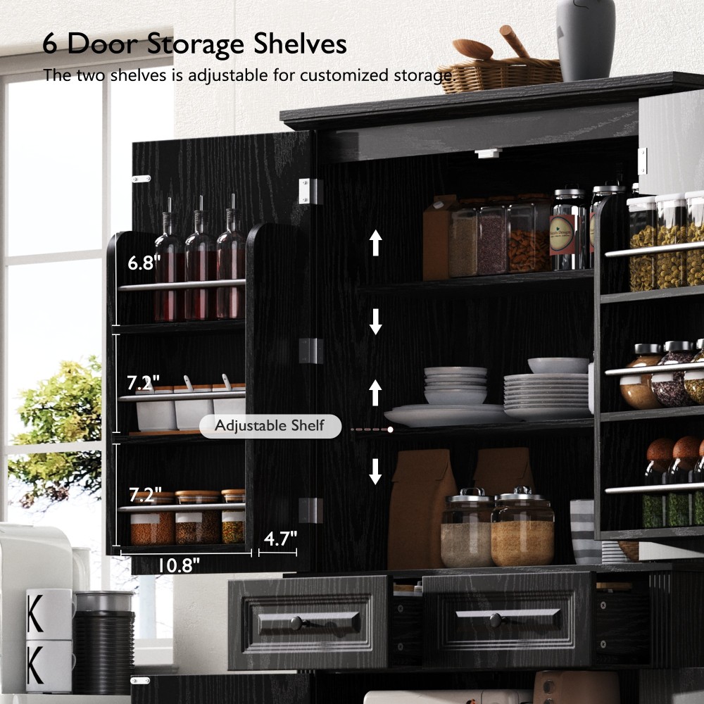 K&K 71" Tall Kitchen Pantry Cabinet with 3 Pull Out Cabinet Organizers, Farmhouse Embossed Texture Storage Cabinet with 6 Door Shelves, 2 Drawers, Freestanding Cupboard for Kitchen, Dining Room Black