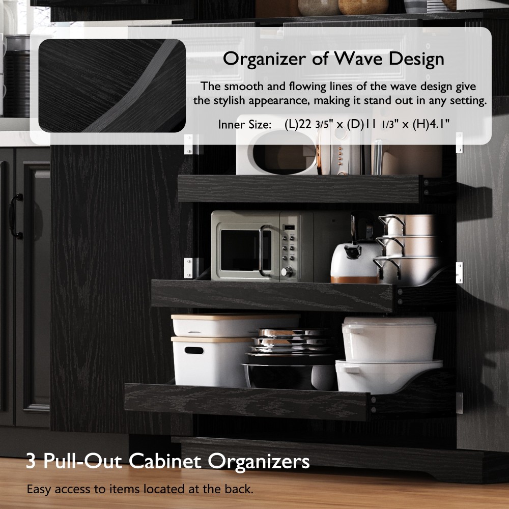 K&K 71" Tall Kitchen Pantry Cabinet with 3 Pull Out Cabinet Organizers, Farmhouse Embossed Texture Storage Cabinet with 6 Door Shelves, 2 Drawers, Freestanding Cupboard for Kitchen, Dining Room Black
