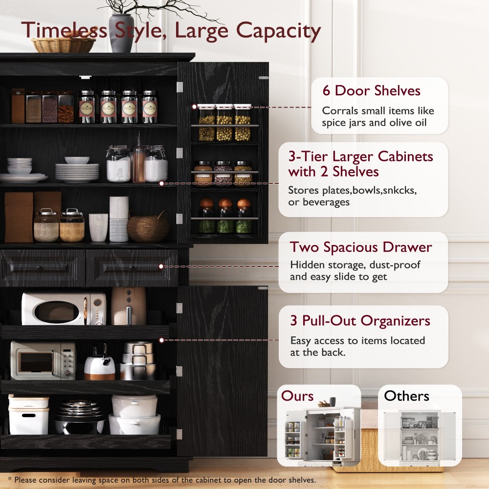 K&K 71" Tall Kitchen Pantry Cabinet with 3 Pull Out Cabinet Organizers, Farmhouse Embossed Texture Storage Cabinet with 6 Door Shelves, 2 Drawers, Freestanding Cupboard for Kitchen, Dining Room Black