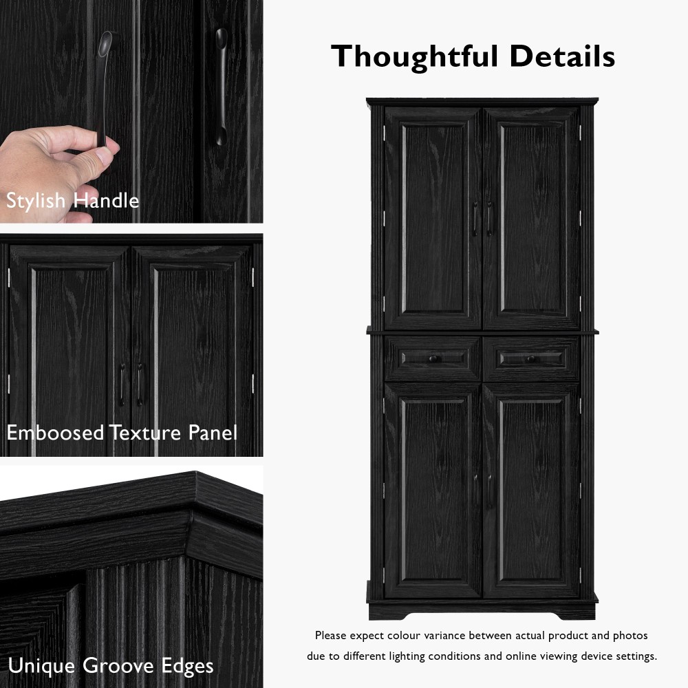 K&K 71" Tall Kitchen Pantry Cabinet with 3 Pull Out Cabinet Organizers, Farmhouse Embossed Texture Storage Cabinet with 6 Door Shelves, 2 Drawers, Freestanding Cupboard for Kitchen, Dining Room Black