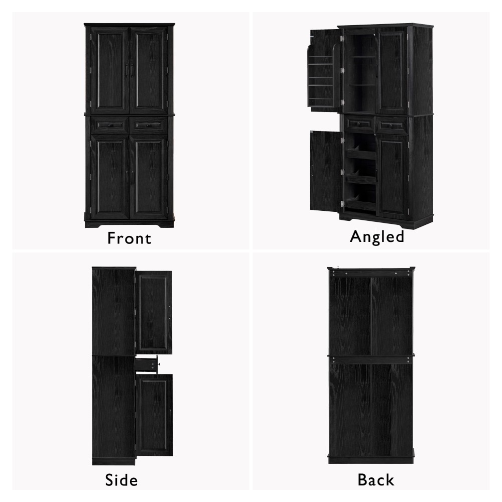 K&K 71" Tall Kitchen Pantry Cabinet with 3 Pull Out Cabinet Organizers, Farmhouse Embossed Texture Storage Cabinet with 6 Door Shelves, 2 Drawers, Freestanding Cupboard for Kitchen, Dining Room Black