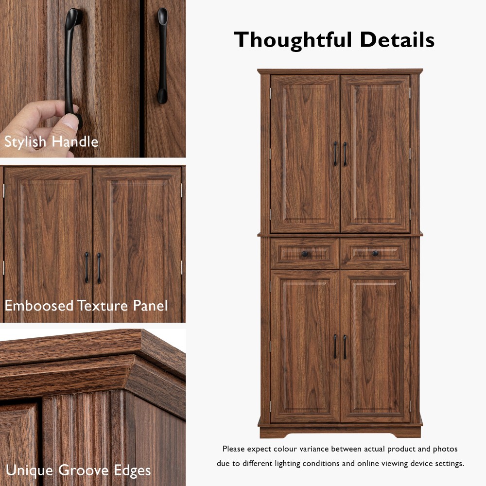 K&K 71" Tall Kitchen Pantry Cabinet with 3 Pull Out Cabinet Organizers, Farmhouse Embossed Texture Storage Cabinet with 6 Door Shelves, 2 Drawers, Freestanding Cupboard for Kitchen, Dining Room Brown