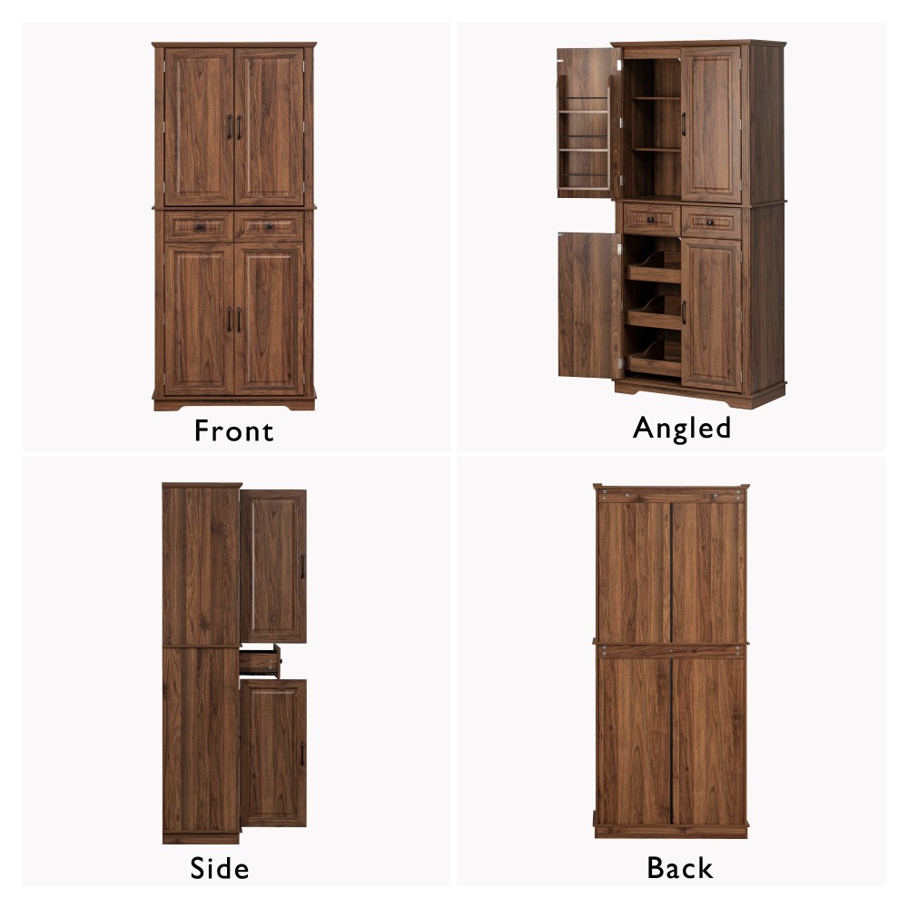 K&K 71" Tall Kitchen Pantry Cabinet with 3 Pull Out Cabinet Organizers, Farmhouse Embossed Texture Storage Cabinet with 6 Door Shelves, 2 Drawers, Freestanding Cupboard for Kitchen, Dining Room Brown