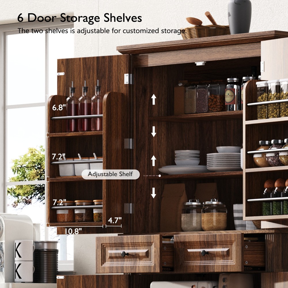 K&K 71" Tall Kitchen Pantry Cabinet with 3 Pull Out Cabinet Organizers, Farmhouse Embossed Texture Storage Cabinet with 6 Door Shelves, 2 Drawers, Freestanding Cupboard for Kitchen, Dining Room Brown
