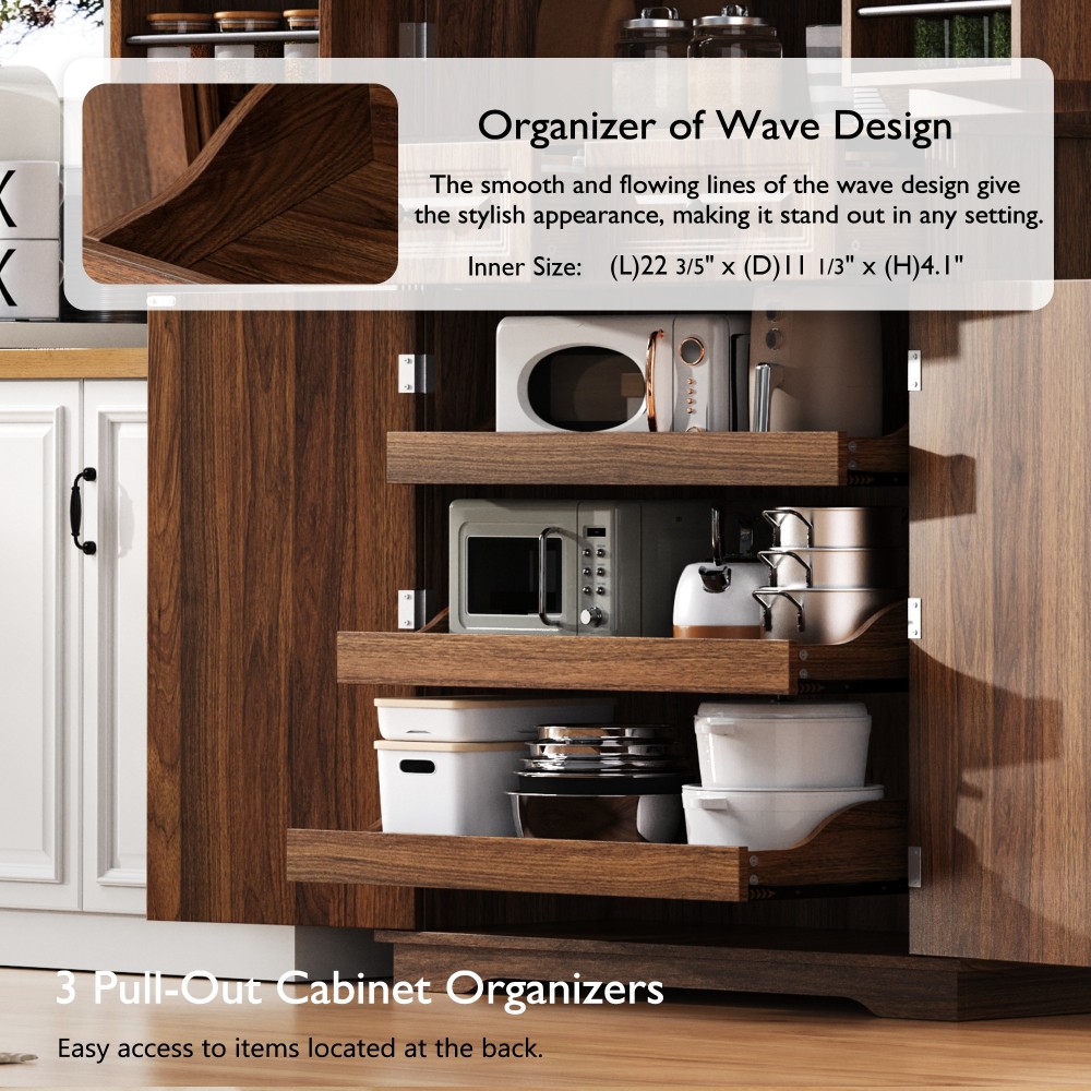 K&K 71" Tall Kitchen Pantry Cabinet with 3 Pull Out Cabinet Organizers, Farmhouse Embossed Texture Storage Cabinet with 6 Door Shelves, 2 Drawers, Freestanding Cupboard for Kitchen, Dining Room Brown