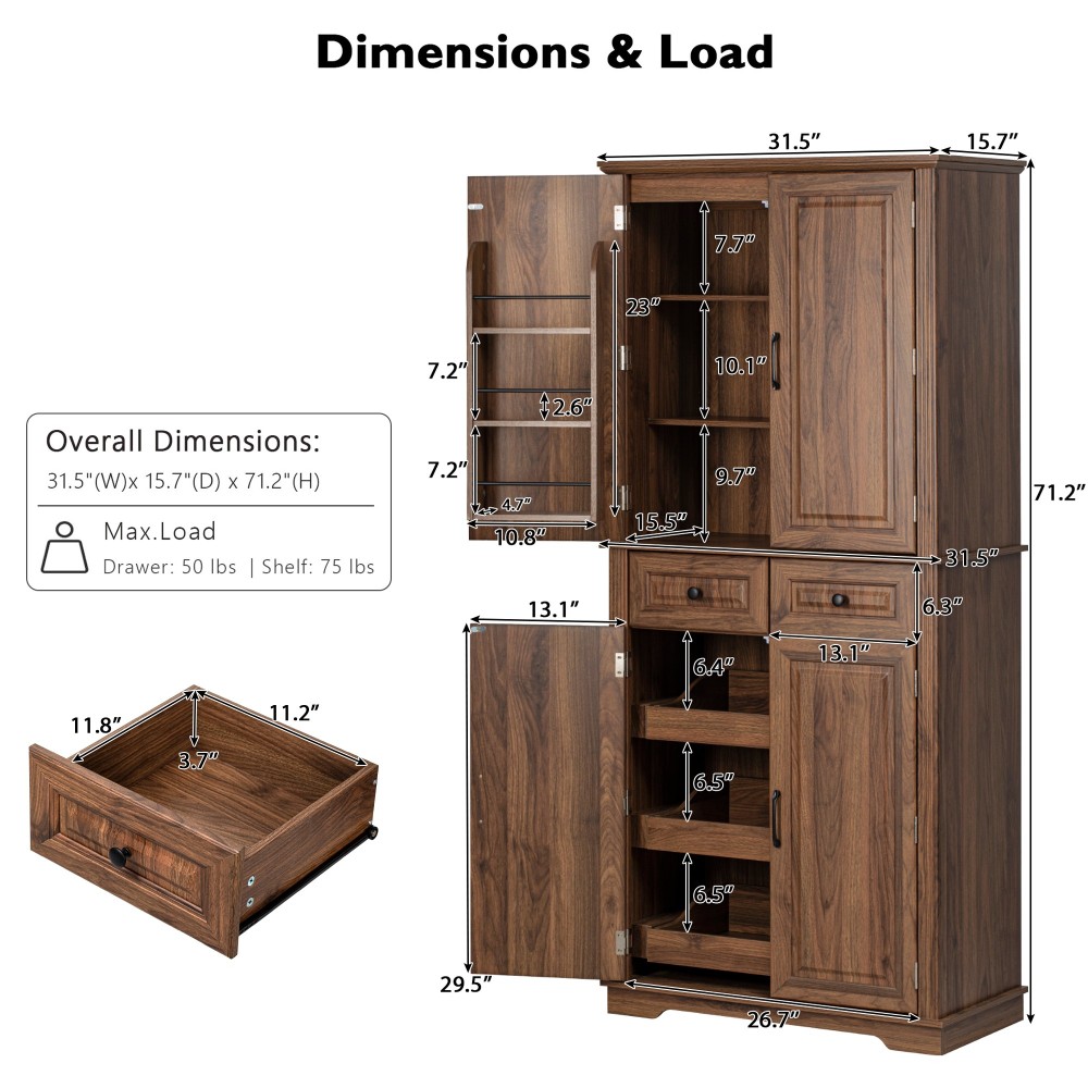 K&K 71" Tall Kitchen Pantry Cabinet with 3 Pull Out Cabinet Organizers, Farmhouse Embossed Texture Storage Cabinet with 6 Door Shelves, 2 Drawers, Freestanding Cupboard for Kitchen, Dining Room Brown
