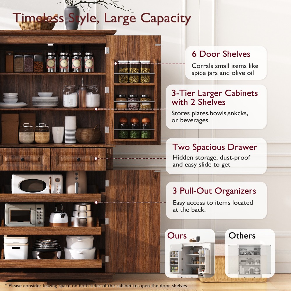 K&K 71" Tall Kitchen Pantry Cabinet with 3 Pull Out Cabinet Organizers, Farmhouse Embossed Texture Storage Cabinet with 6 Door Shelves, 2 Drawers, Freestanding Cupboard for Kitchen, Dining Room Brown