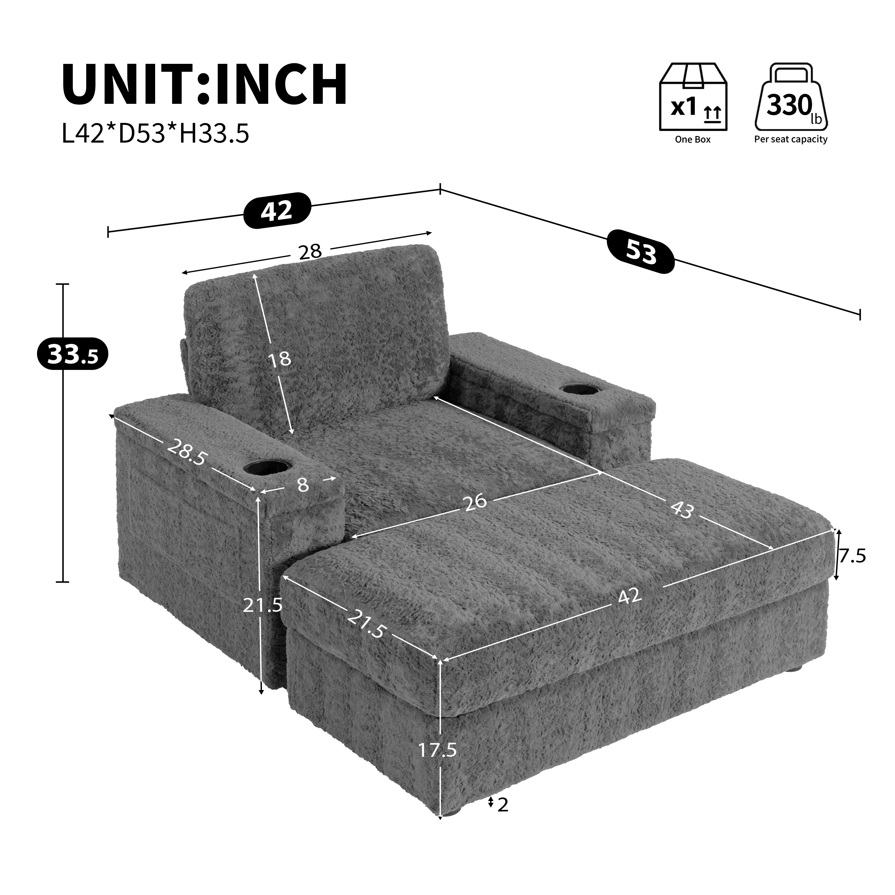 42" Oversized Single Sofa, Faux Rabbit Fur Armchair with Cup Holders, Upholstered Chaise Lounge with Storage Ottoman and Armrests, Gray