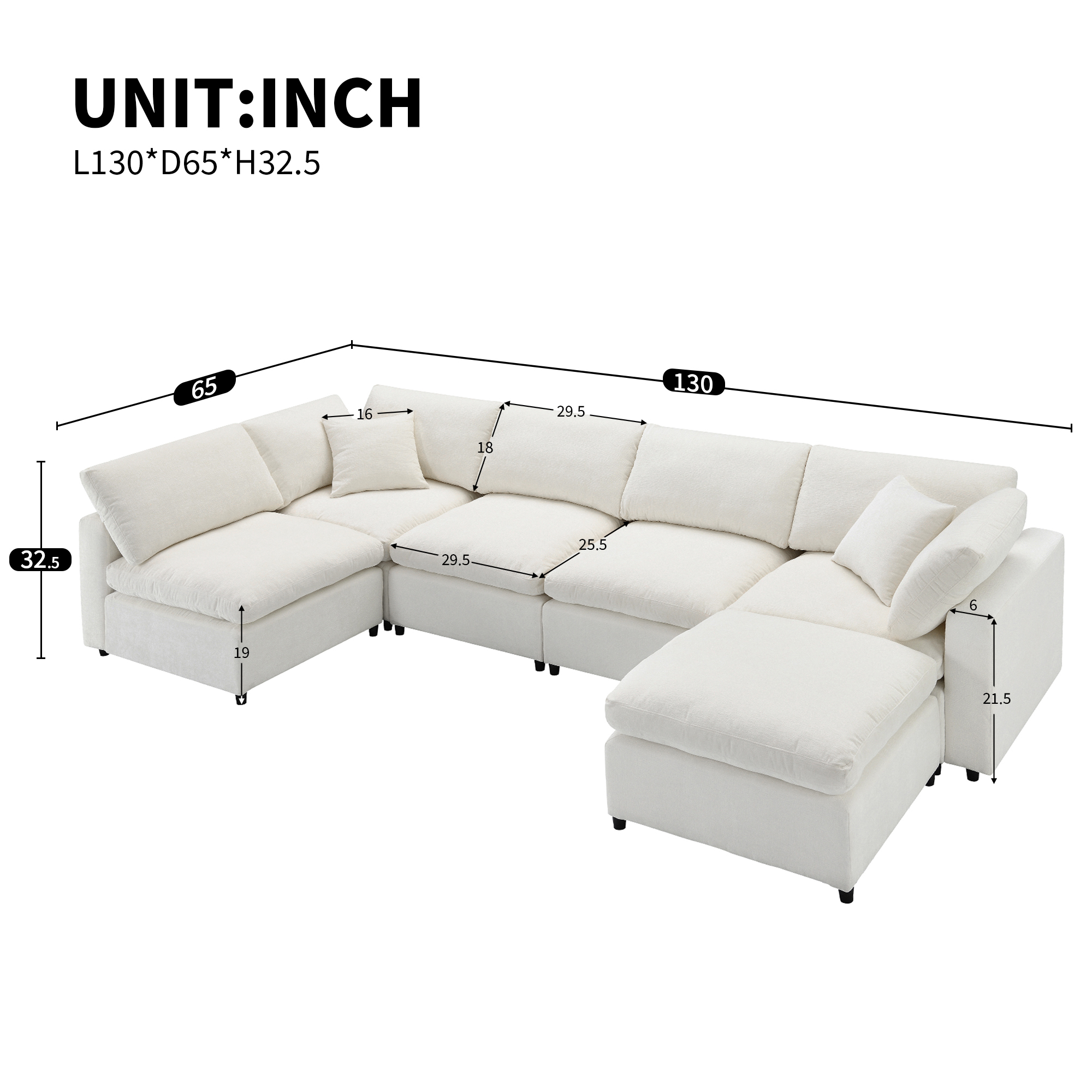 130*65" Modern Modular Cloud Sofa Bed, 6 Seat Chenille Sectional Couch Set with Ottoman,Free Combination, Beige