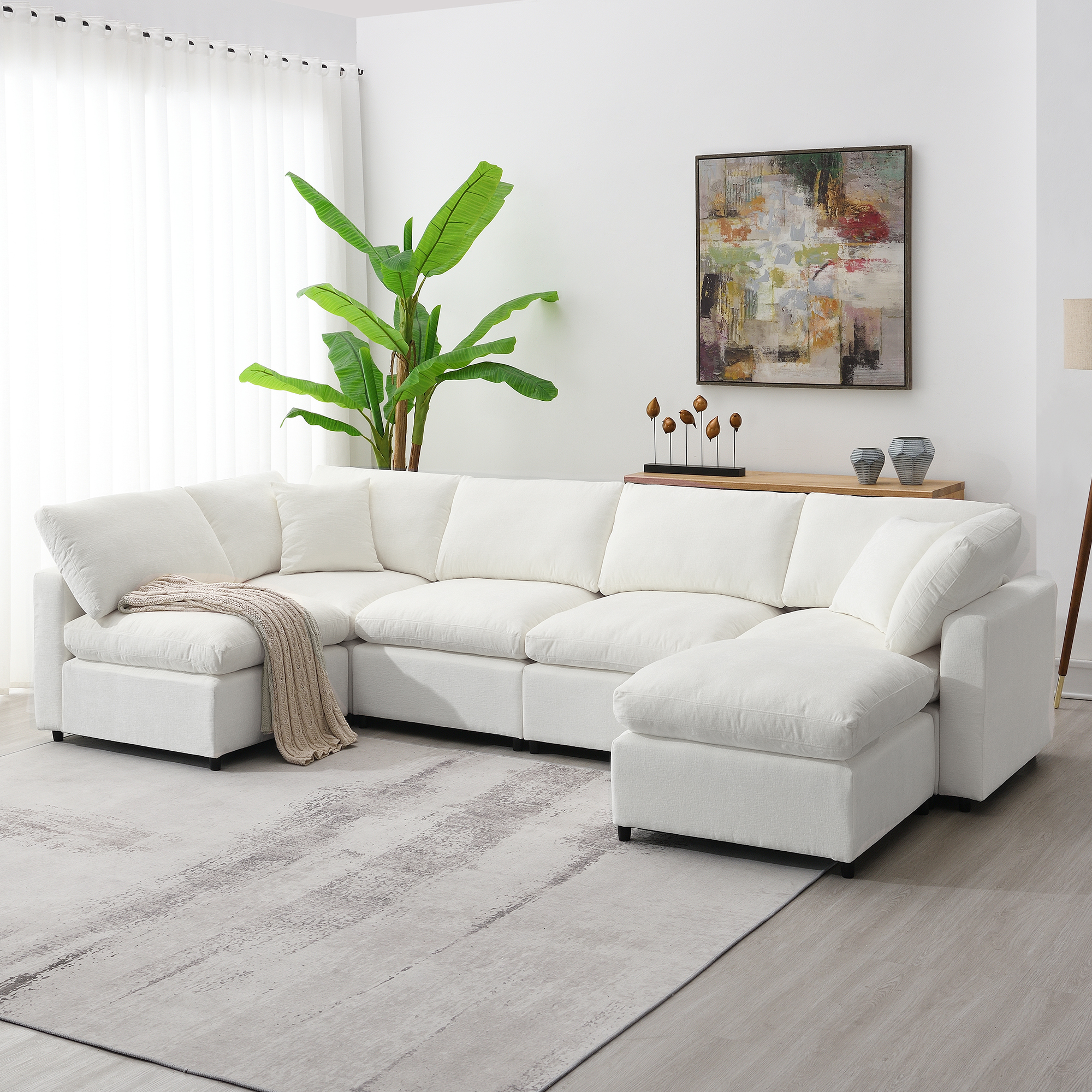 130*65" Modern Modular Cloud Sofa Bed, 6 Seat Chenille Sectional Couch Set with Ottoman,Free Combination, Beige