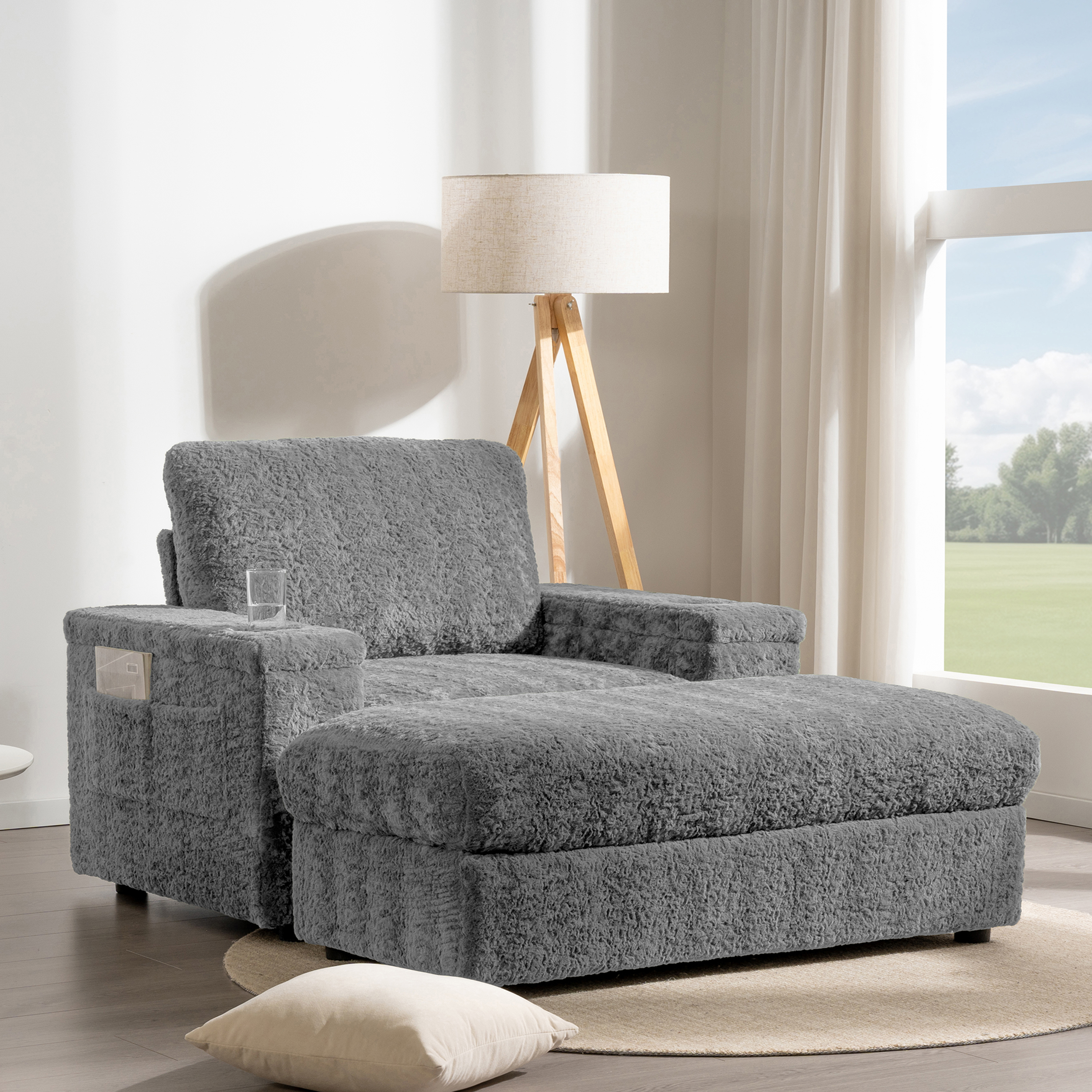 42" Oversized Single Sofa, Faux Rabbit Fur Armchair with Cup Holders, Upholstered Chaise Lounge with Storage Ottoman and Armrests, Gray