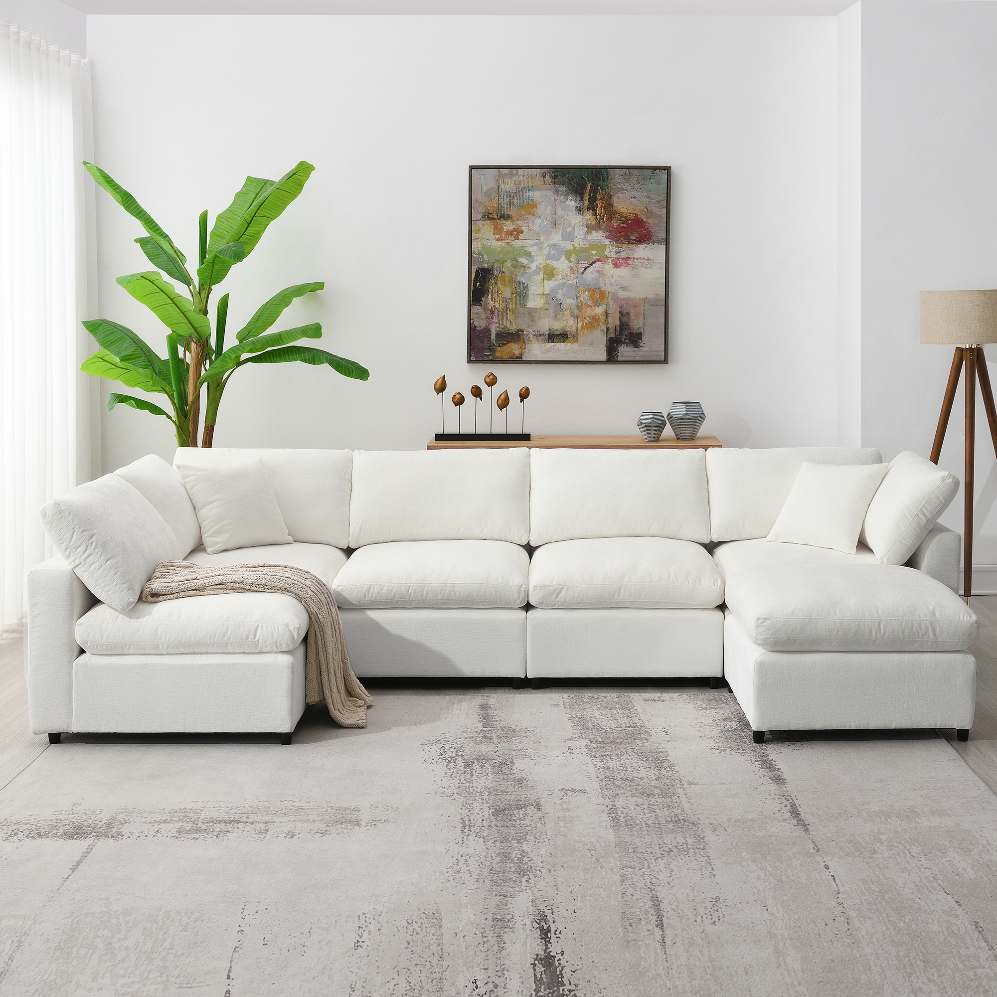 130*65" Modern Modular Cloud Sofa Bed, 6 Seat Chenille Sectional Couch Set with Ottoman,Free Combination, Beige