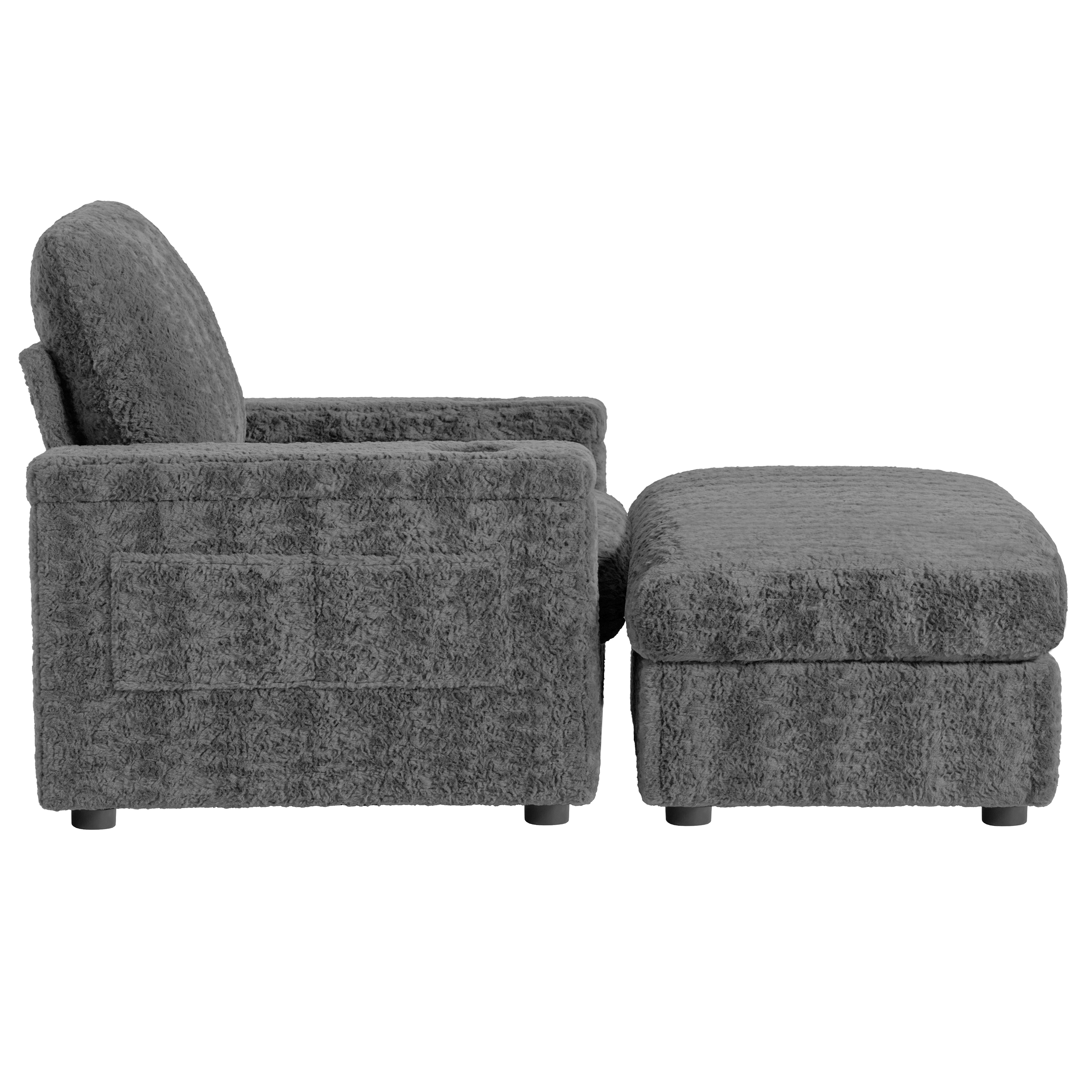 42" Oversized Single Sofa, Faux Rabbit Fur Armchair with Cup Holders, Upholstered Chaise Lounge with Storage Ottoman and Armrests, Gray