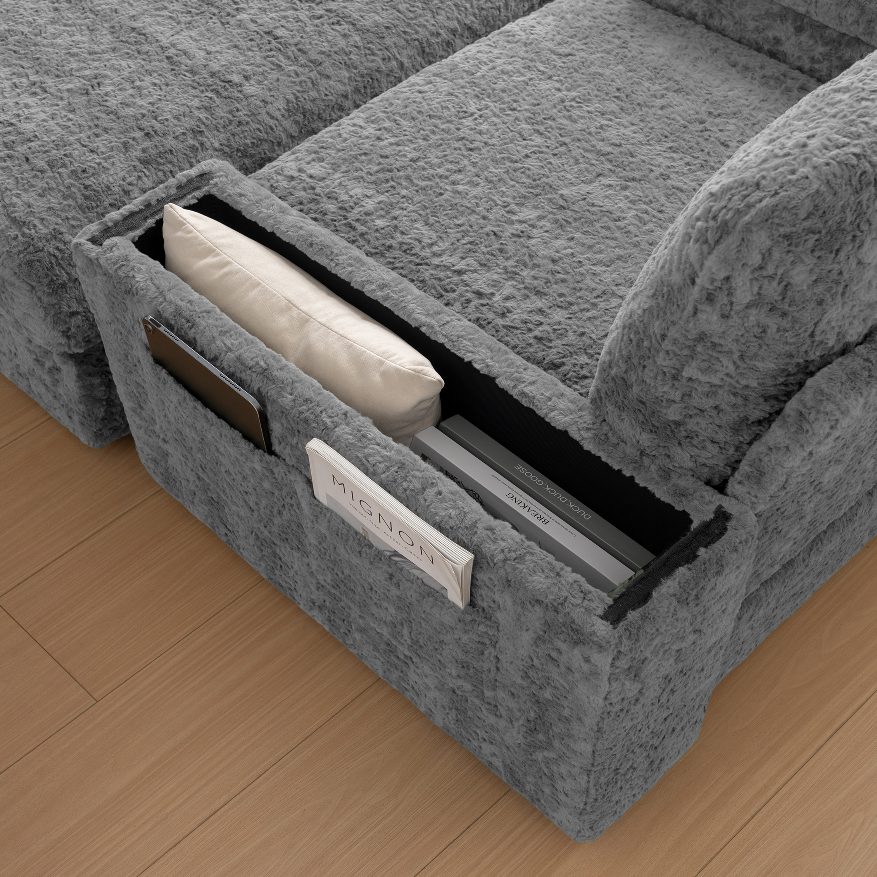 42" Oversized Single Sofa, Faux Rabbit Fur Armchair with Cup Holders, Upholstered Chaise Lounge with Storage Ottoman and Armrests, Gray