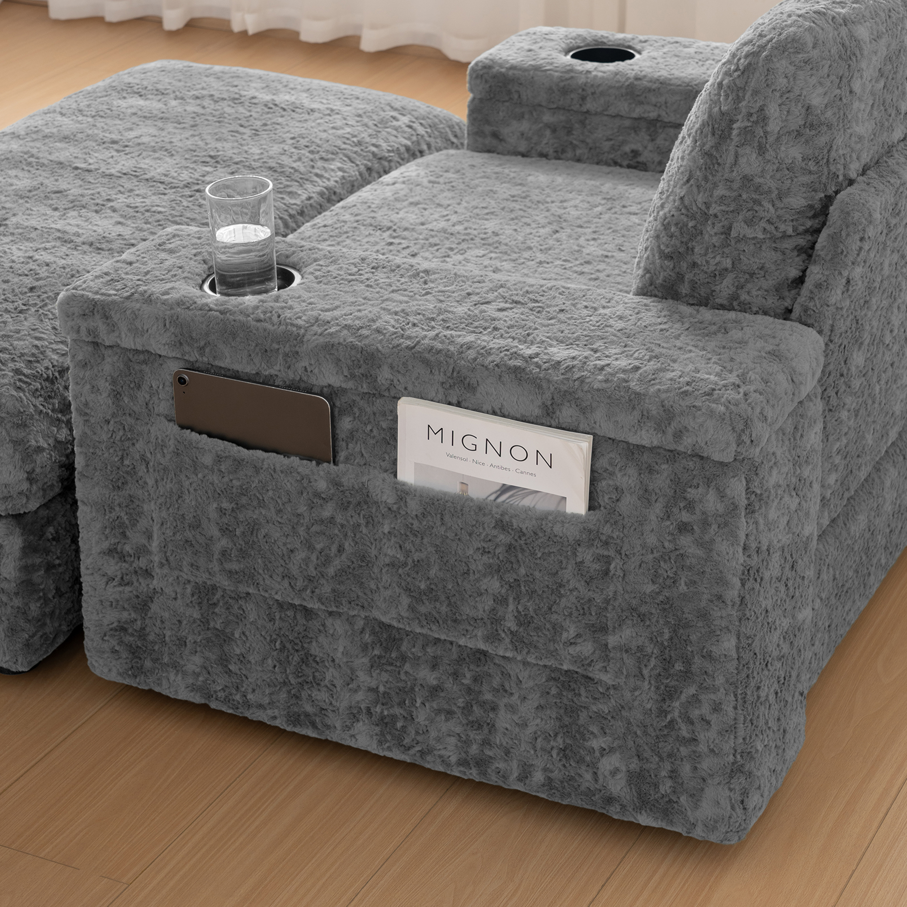 42" Oversized Single Sofa, Faux Rabbit Fur Armchair with Cup Holders, Upholstered Chaise Lounge with Storage Ottoman and Armrests, Gray