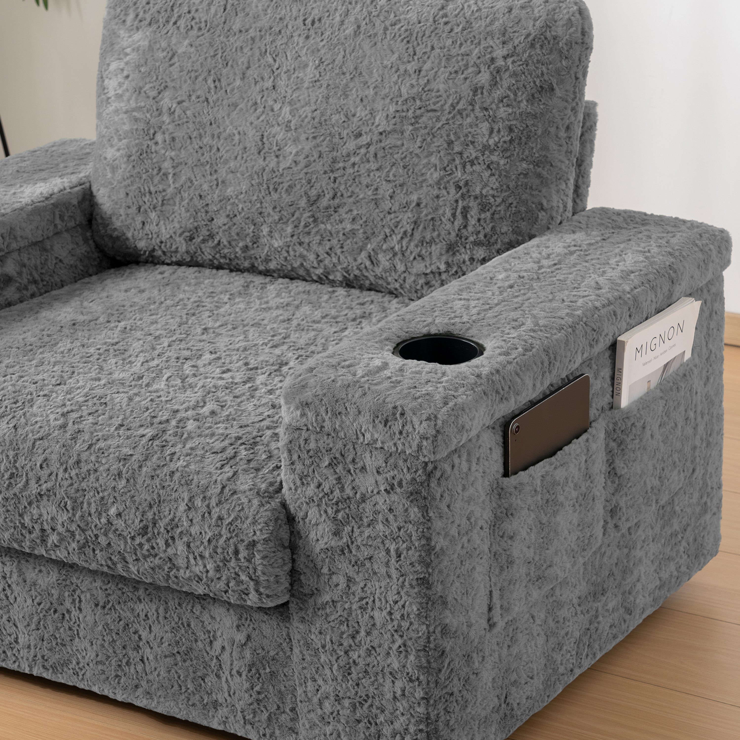 42" Oversized Single Sofa, Faux Rabbit Fur Armchair with Cup Holders, Upholstered Chaise Lounge with Storage Ottoman and Armrests, Gray