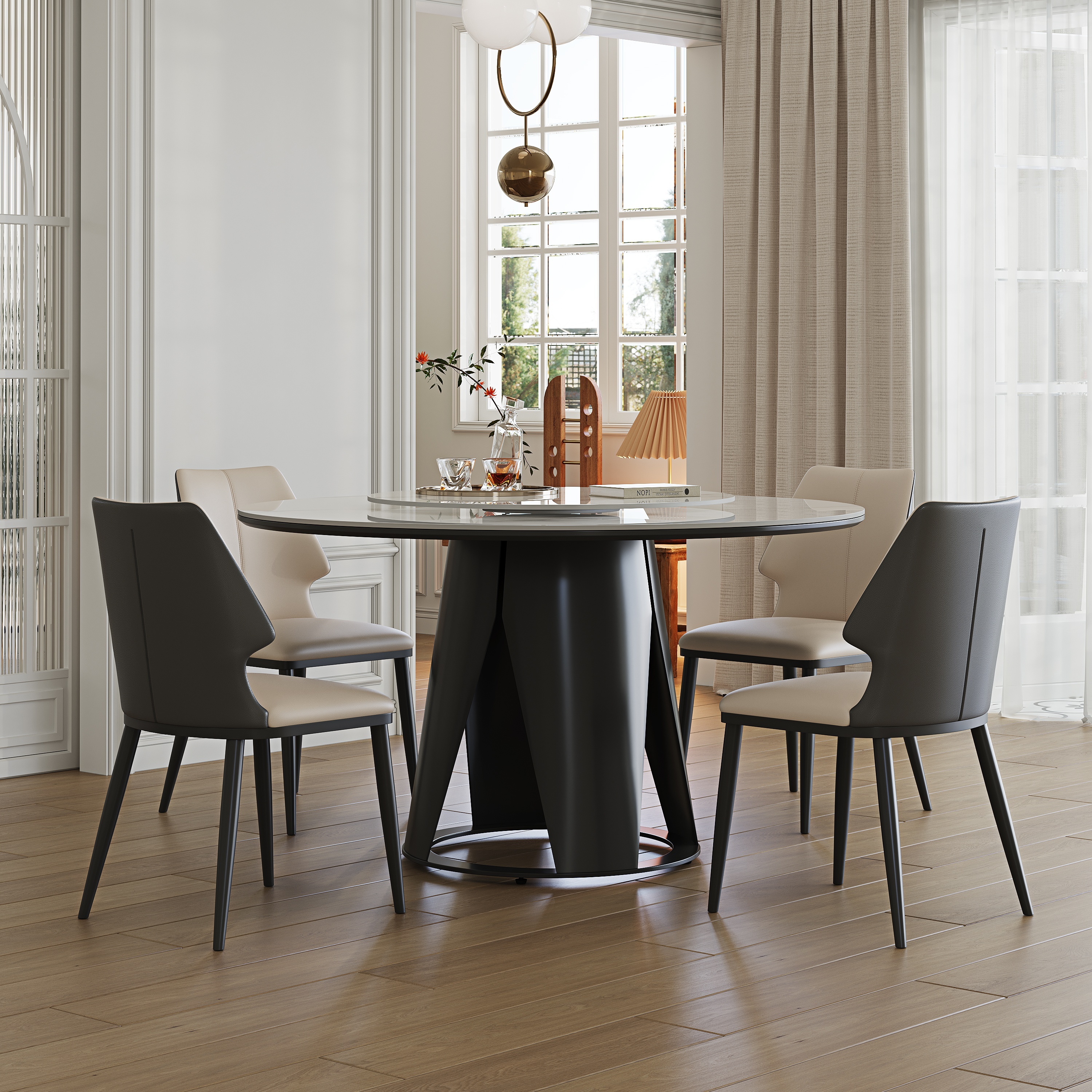 Modern 59'' Sintered Stone Dining Table with 35.4'' Round Turntable , White, 8-Person Set