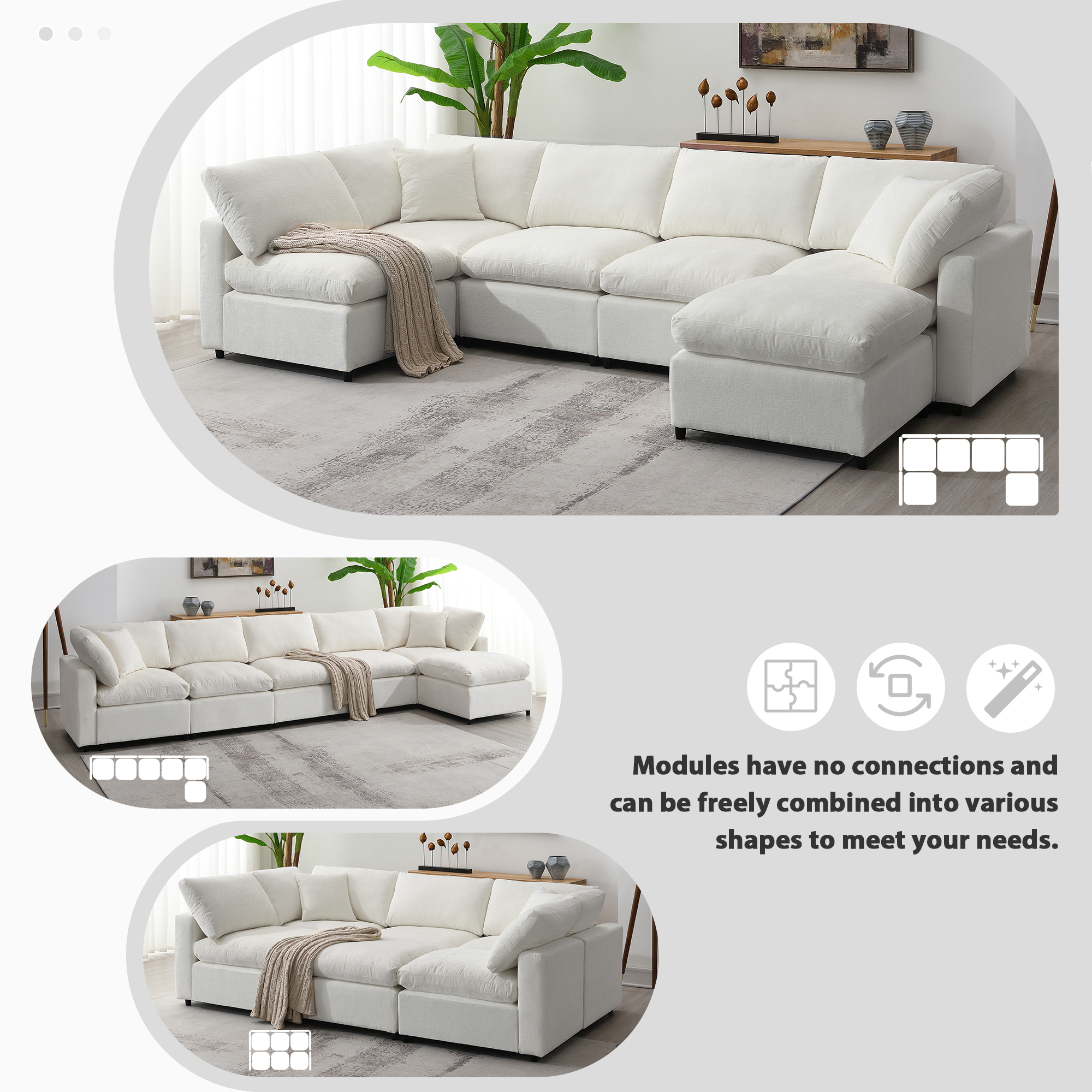 130*65" Modern Modular Cloud Sofa Bed, 6 Seat Chenille Sectional Couch Set with Ottoman,Free Combination, Beige