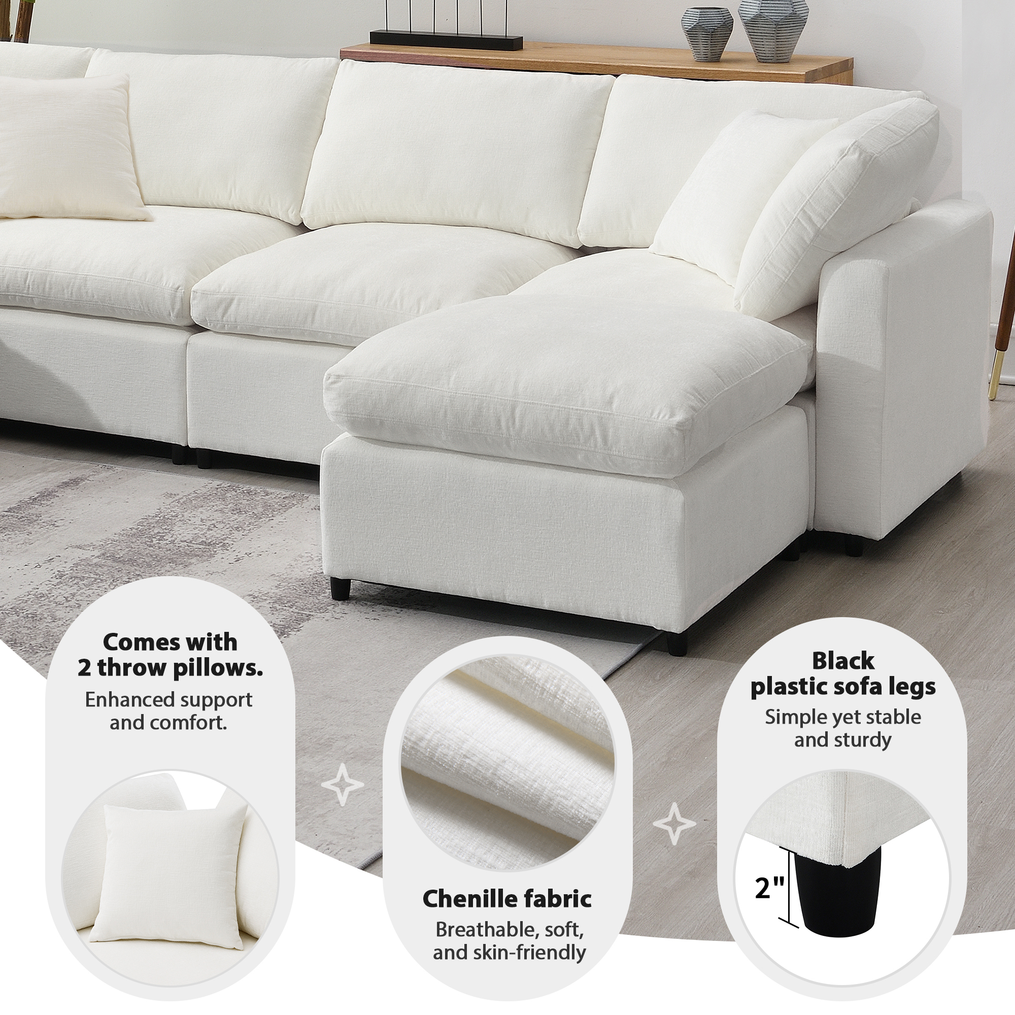 130*65" Modern Modular Cloud Sofa Bed, 6 Seat Chenille Sectional Couch Set with Ottoman,Free Combination, Beige