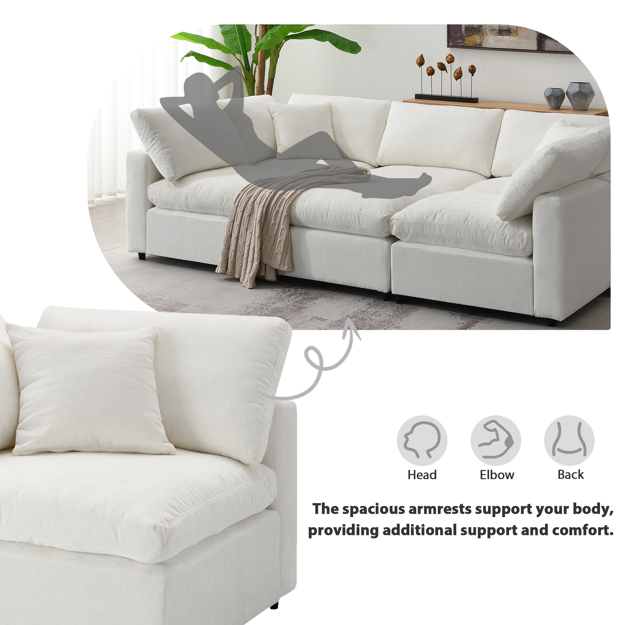 130*65" Modern Modular Cloud Sofa Bed, 6 Seat Chenille Sectional Couch Set with Ottoman,Free Combination, Beige