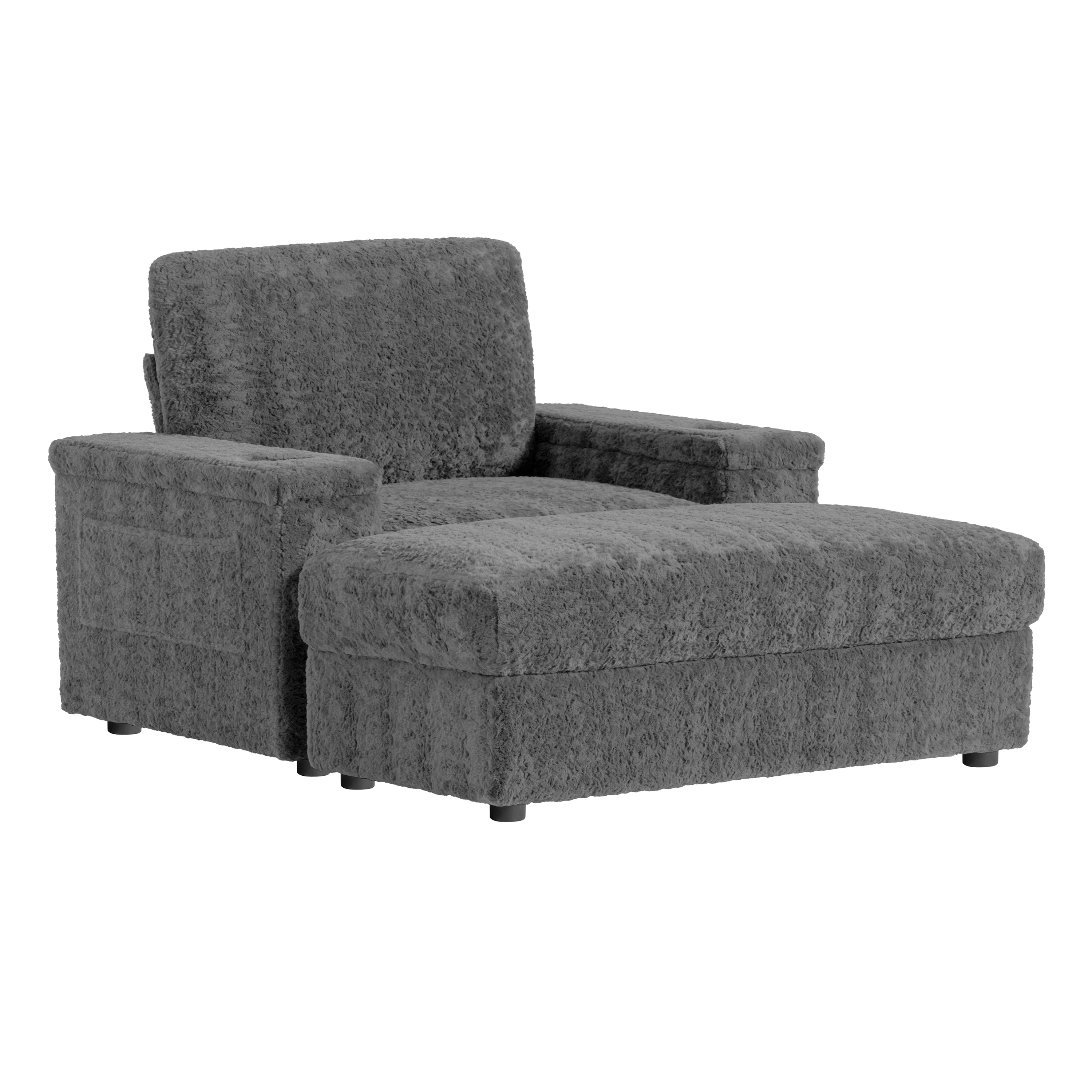 42" Oversized Single Sofa, Faux Rabbit Fur Armchair with Cup Holders, Upholstered Chaise Lounge with Storage Ottoman and Armrests, Gray