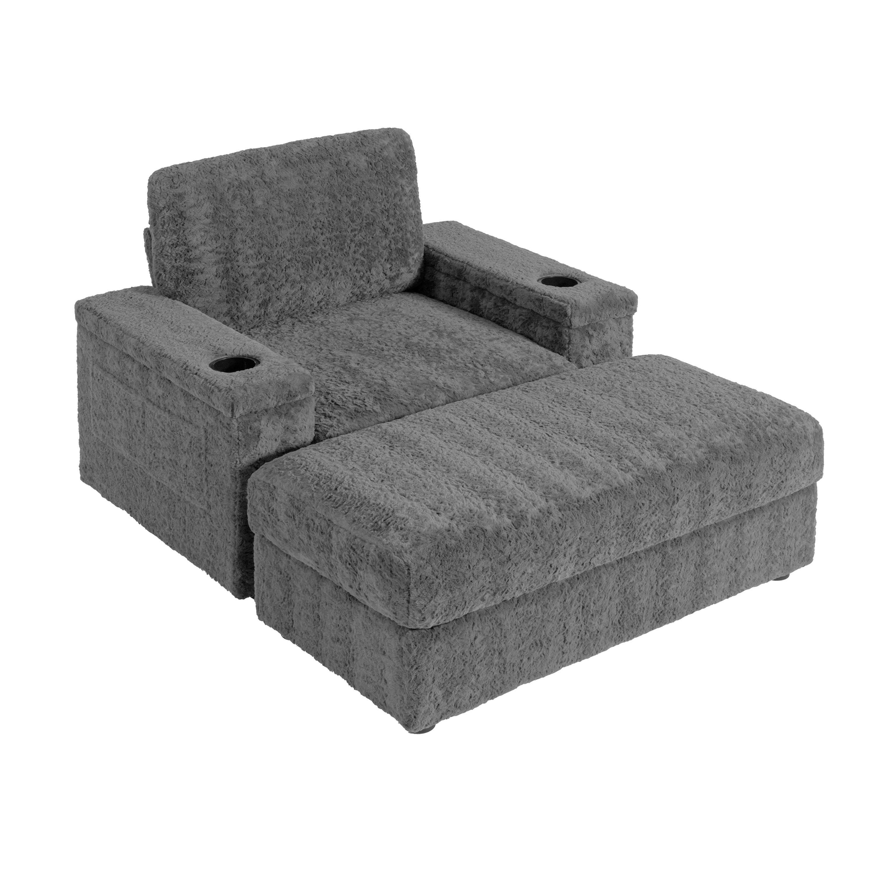42" Oversized Single Sofa, Faux Rabbit Fur Armchair with Cup Holders, Upholstered Chaise Lounge with Storage Ottoman and Armrests, Gray