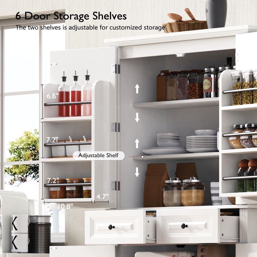K&K 71" Tall Kitchen Pantry Cabinet with 3 Pull Out Cabinet Organizers, Farmhouse Embossed Texture Storage Cabinet with 6 Door Shelves, 2 Drawers, Freestanding Cupboard for Kitchen, Dining Room White