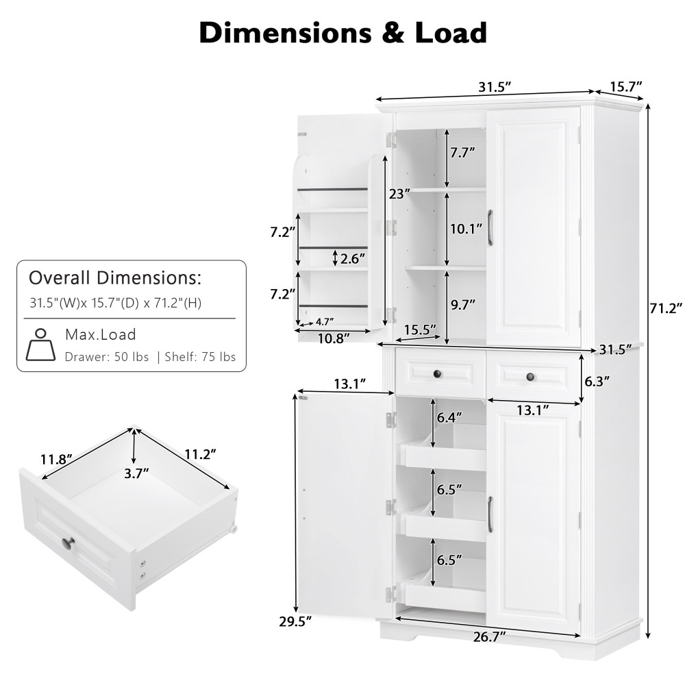 K&K 71" Tall Kitchen Pantry Cabinet with 3 Pull Out Cabinet Organizers, Farmhouse Embossed Texture Storage Cabinet with 6 Door Shelves, 2 Drawers, Freestanding Cupboard for Kitchen, Dining Room White