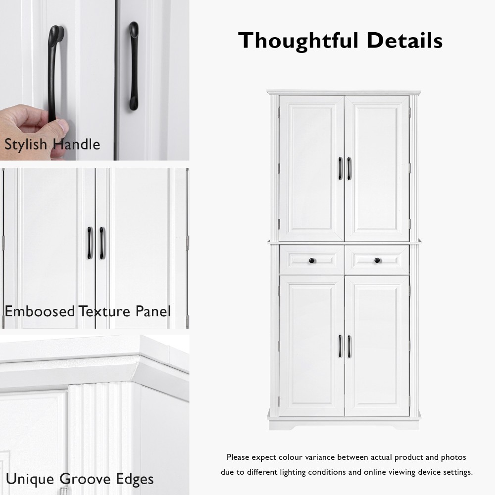 K&K 71" Tall Kitchen Pantry Cabinet with 3 Pull Out Cabinet Organizers, Farmhouse Embossed Texture Storage Cabinet with 6 Door Shelves, 2 Drawers, Freestanding Cupboard for Kitchen, Dining Room White