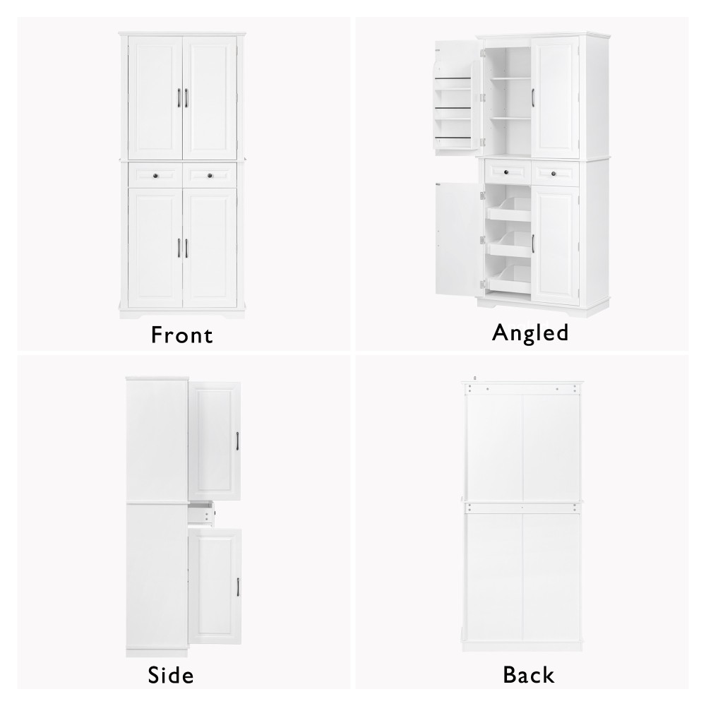 K&K 71" Tall Kitchen Pantry Cabinet with 3 Pull Out Cabinet Organizers, Farmhouse Embossed Texture Storage Cabinet with 6 Door Shelves, 2 Drawers, Freestanding Cupboard for Kitchen, Dining Room White