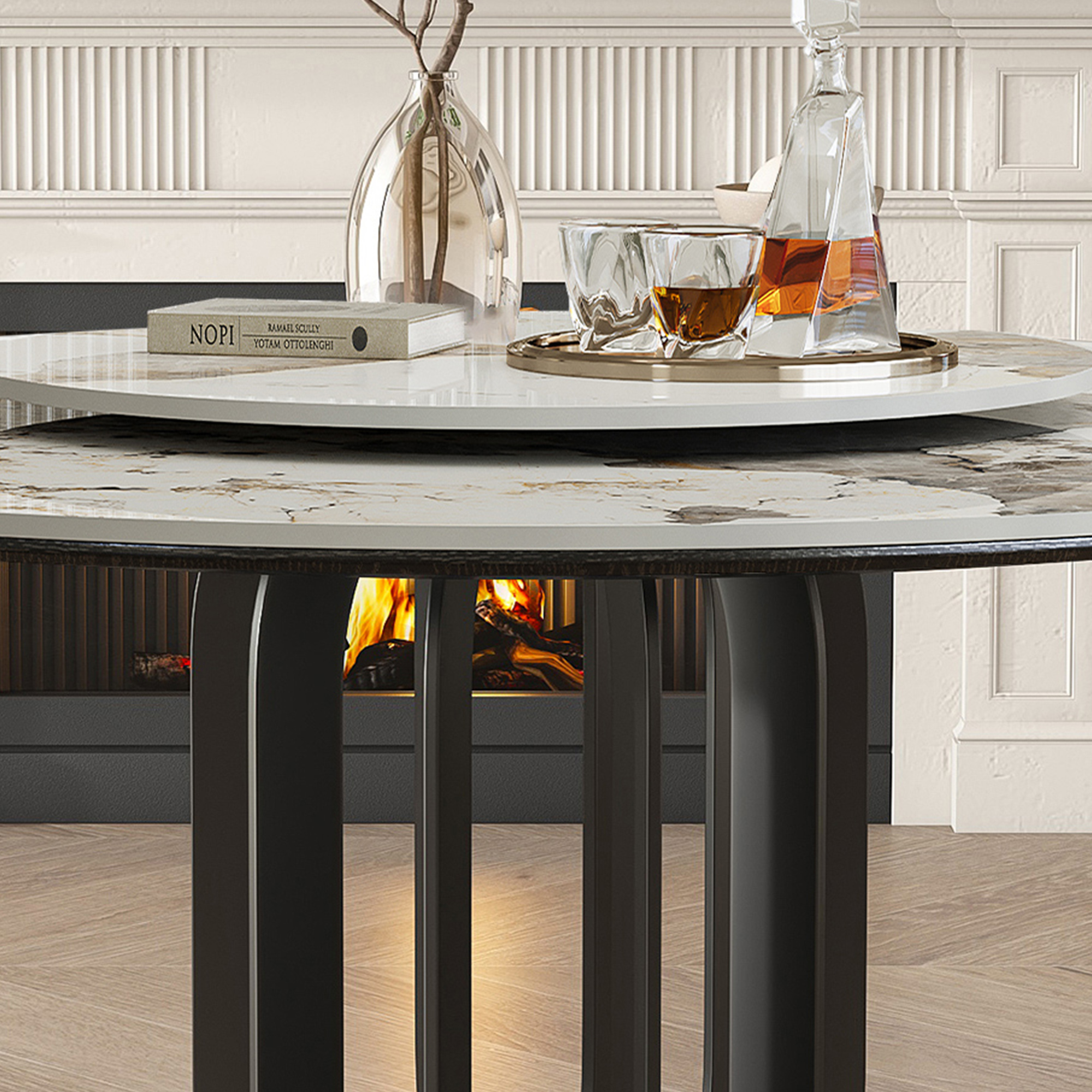 53" Round Sintered Stone Dining Table with Black Carbon Steel Base and 31.5" Lazy Susan- for Kitchen,Dining Room(4 chairs)