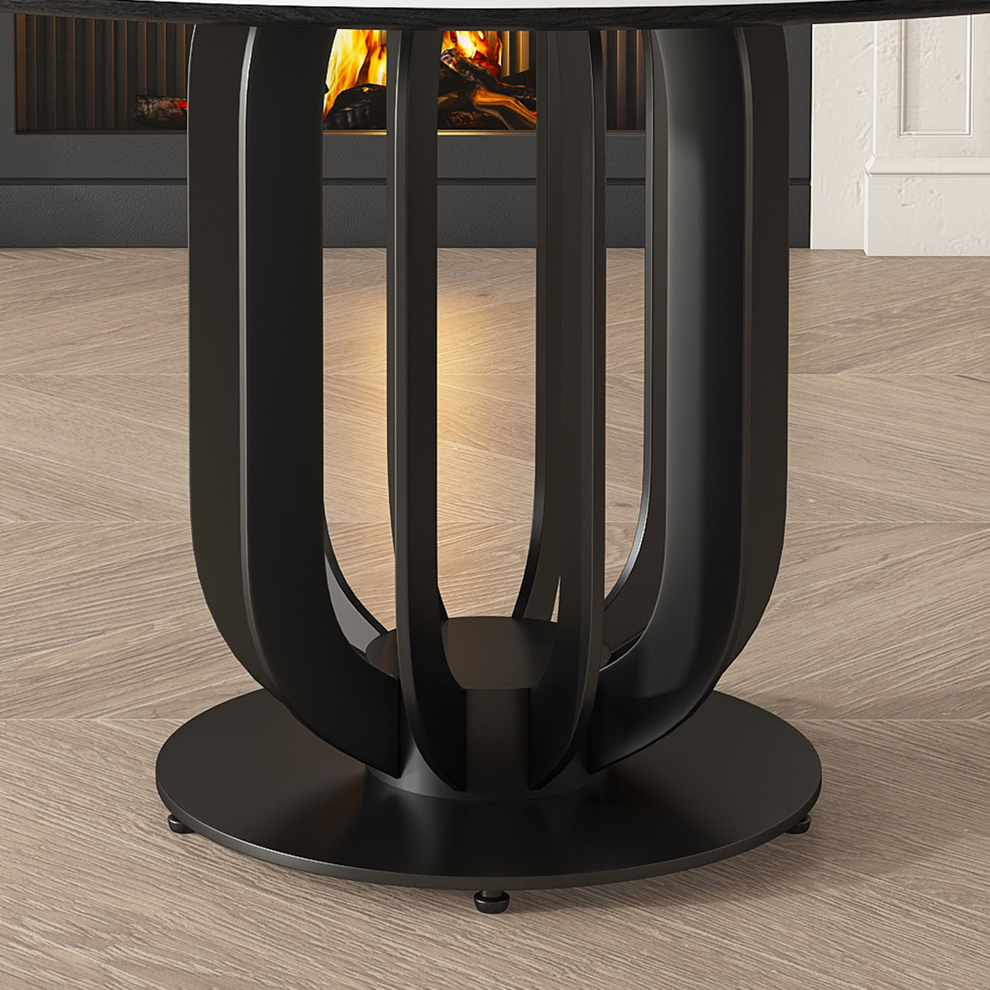 53" Round Sintered Stone Dining Table with Black Carbon Steel Base and 31.5" Lazy Susan- for Kitchen,Dining Room(4 chairs)