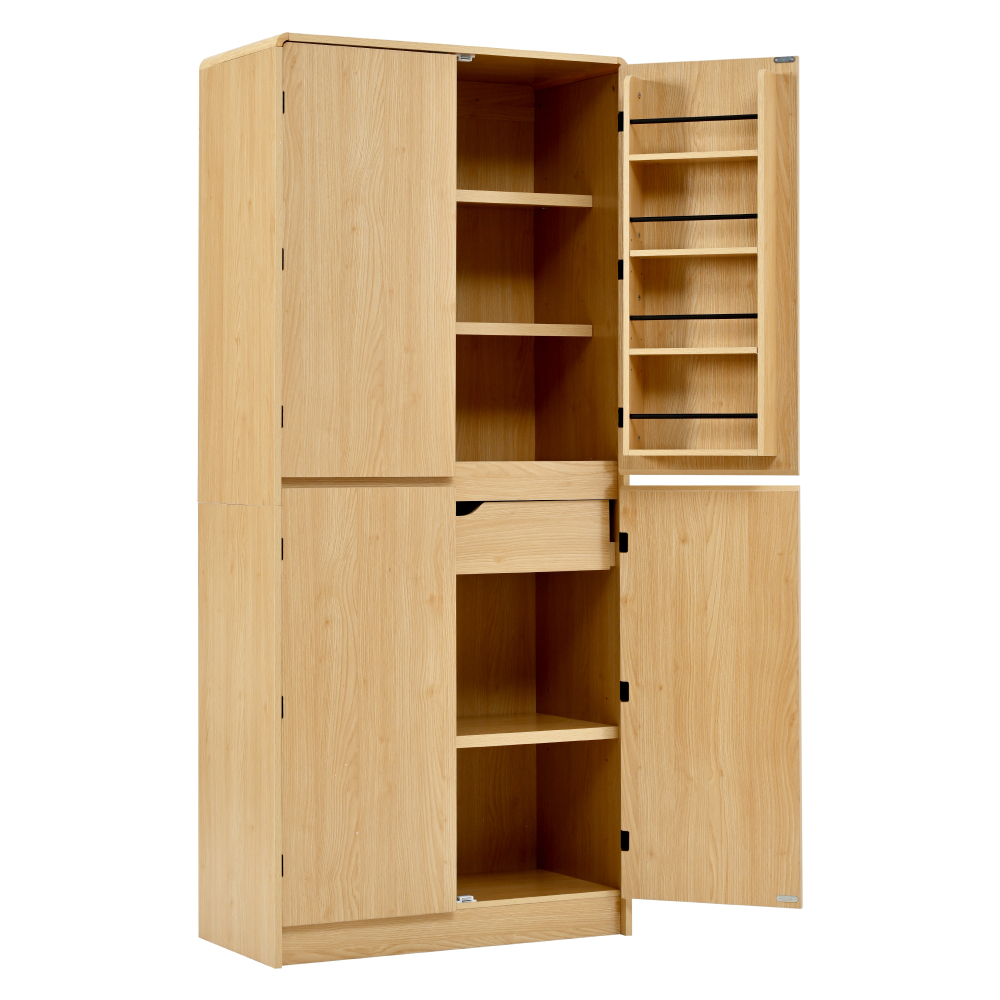 K&K 72" Tall Farmhouse Kitchen Pantry Cabinet with 8 Door Shelves, Curved Design Storage Cabinet with 3 Adjustable Shelves, Hidden Drawer, Versatile Cupboard for Kitchen, Dining & Bathroom, Natural