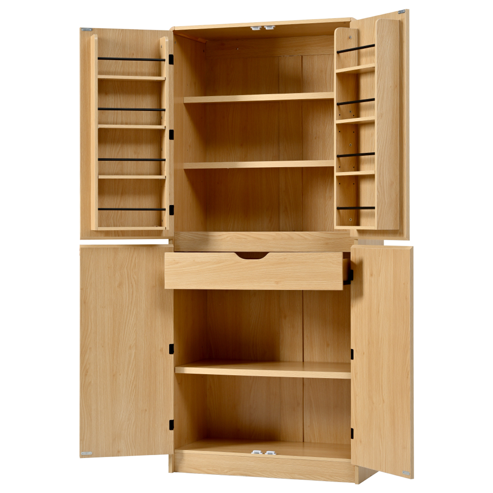 K&K 72" Tall Farmhouse Kitchen Pantry Cabinet with 8 Door Shelves, Curved Design Storage Cabinet with 3 Adjustable Shelves, Hidden Drawer, Versatile Cupboard for Kitchen, Dining & Bathroom, Natural