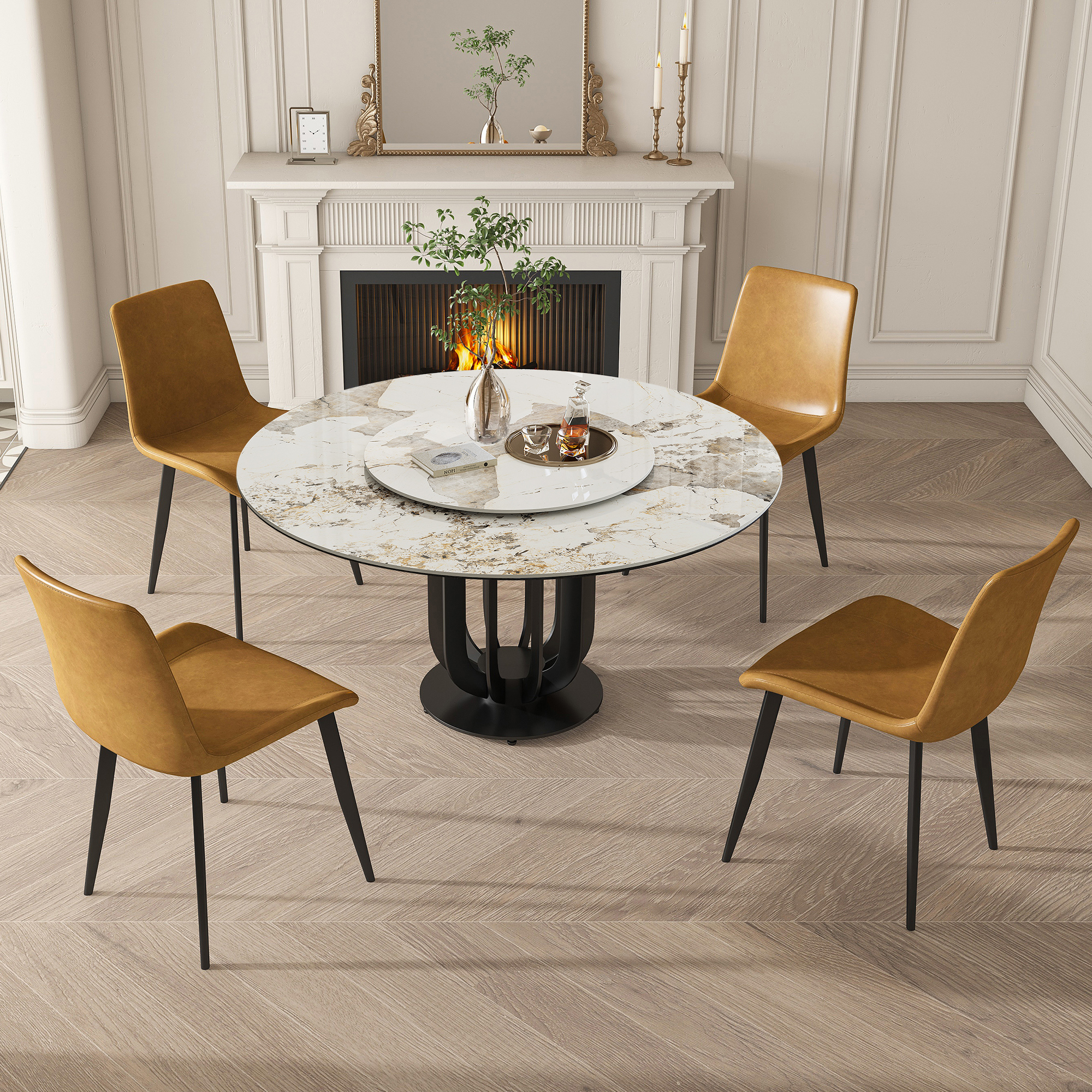 53" Round Sintered Stone Dining Table with Black Carbon Steel Base and 31.5" Lazy Susan- for Kitchen,Dining Room(4 chairs)