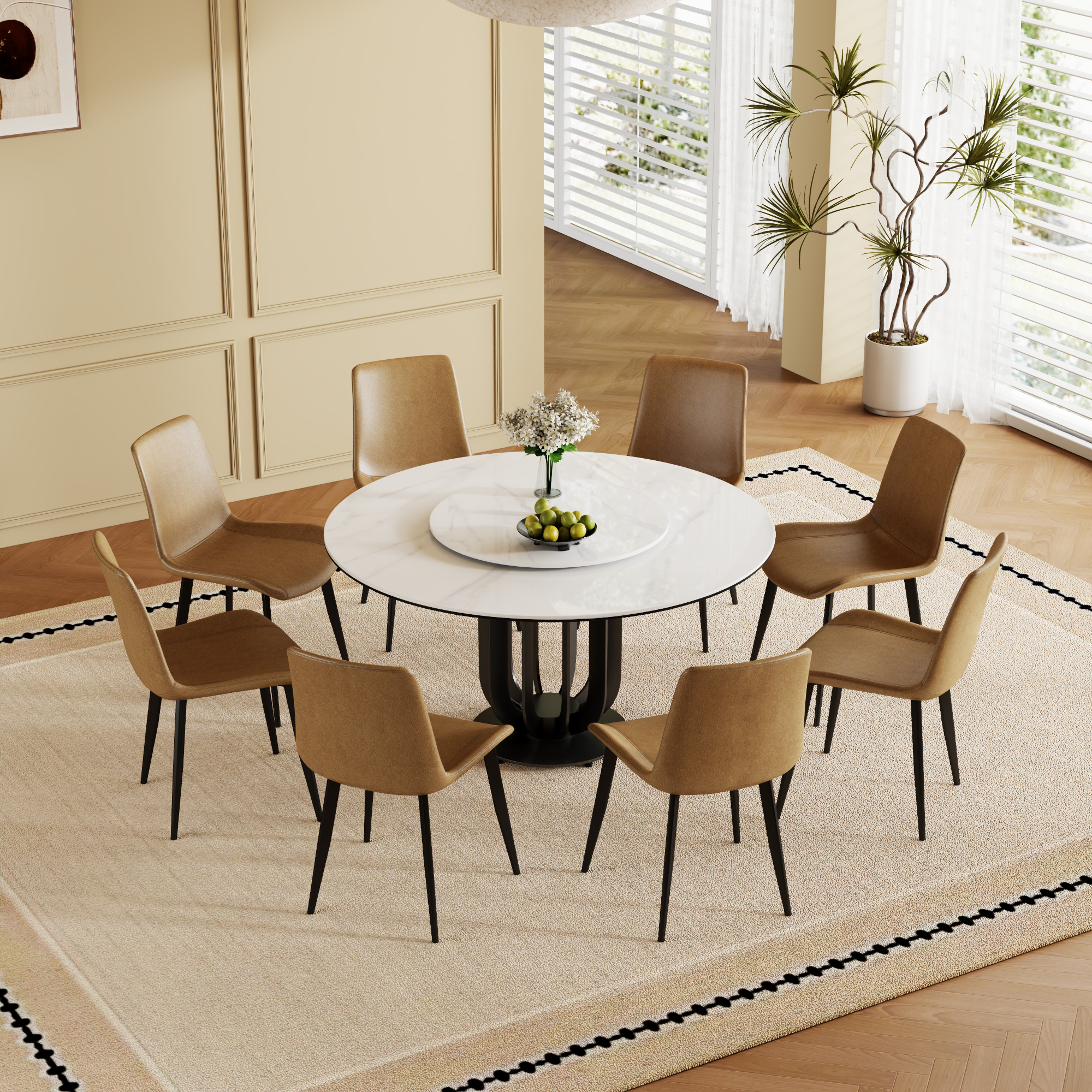 59" Round Sintered Stone Dining Table with Black Carbon Steel Base and 31.5" Lazy Susan- for Kitchen,Dining Room (8 chairs)