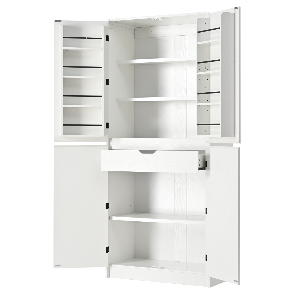 K&K 72" Tall Farmhouse Kitchen Pantry Cabinet with 8 Door Shelves, Curved Design Storage Cabinet with 3 Adjustable Shelves, Hidden Drawer, Versatile Cupboard for Kitchen, Dining & Bathroom, White