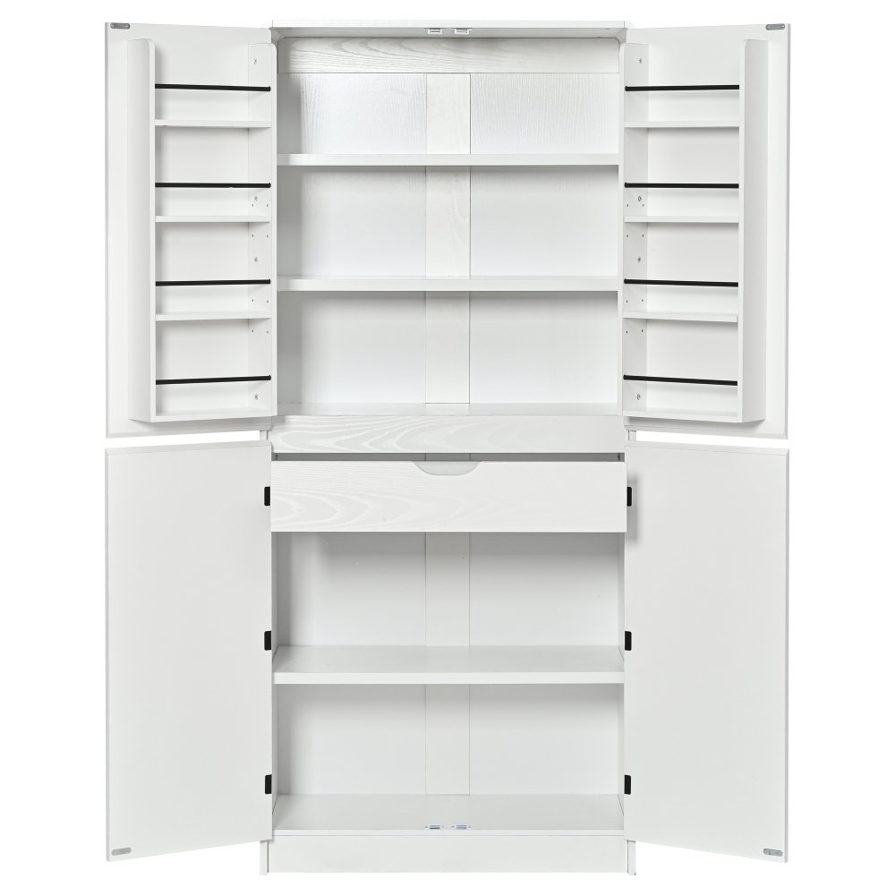 K&K 72" Tall Farmhouse Kitchen Pantry Cabinet with 8 Door Shelves, Curved Design Storage Cabinet with 3 Adjustable Shelves, Hidden Drawer, Versatile Cupboard for Kitchen, Dining & Bathroom, White