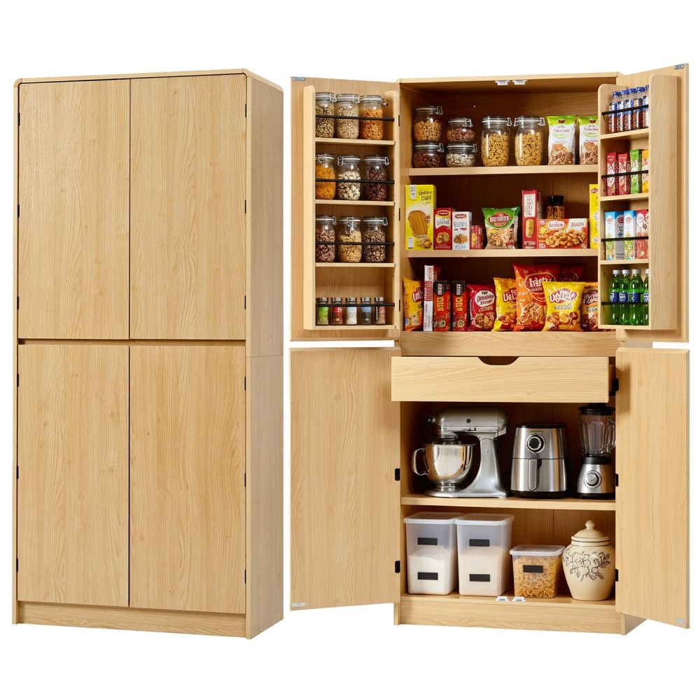K&K 72" Tall Farmhouse Kitchen Pantry Cabinet with 8 Door Shelves, Curved Design Storage Cabinet with 3 Adjustable Shelves, Hidden Drawer, Versatile Cupboard for Kitchen, Dining & Bathroom, Natural