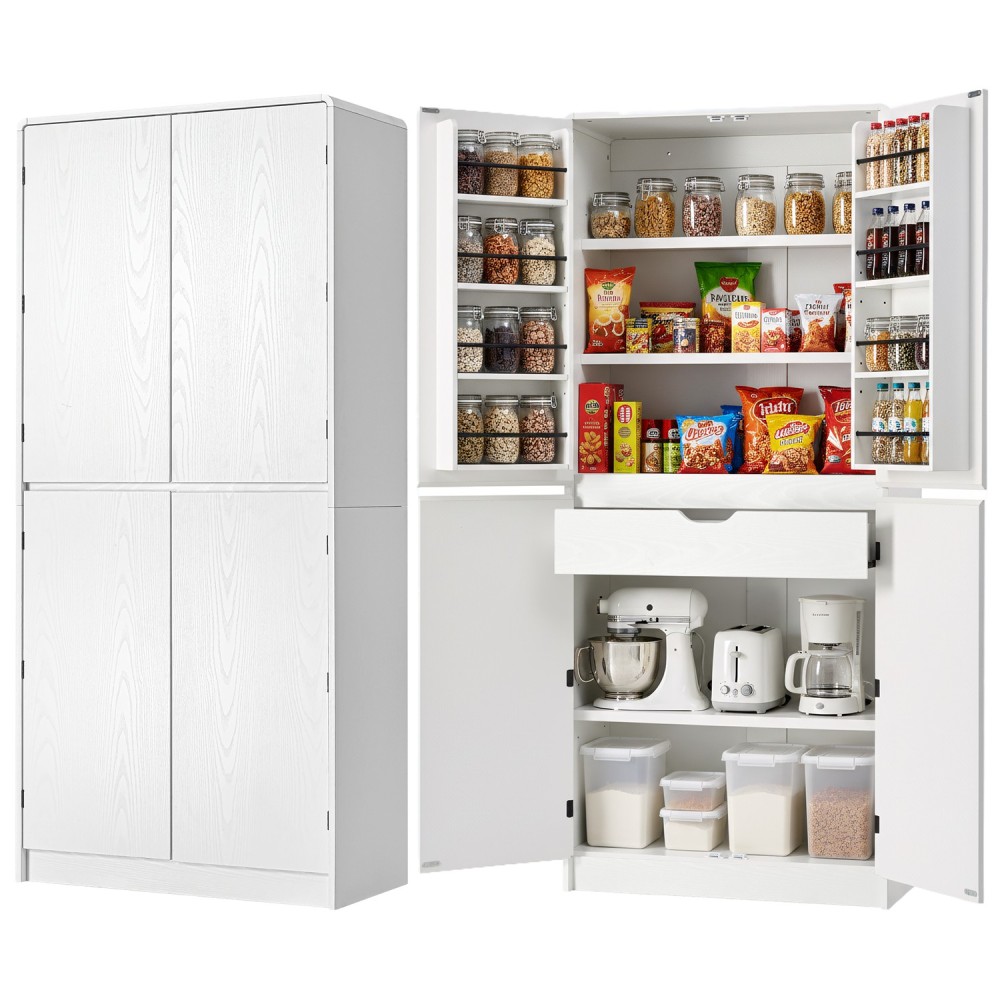 K&K 72" Tall Farmhouse Kitchen Pantry Cabinet with 8 Door Shelves, Curved Design Storage Cabinet with 3 Adjustable Shelves, Hidden Drawer, Versatile Cupboard for Kitchen, Dining & Bathroom, White