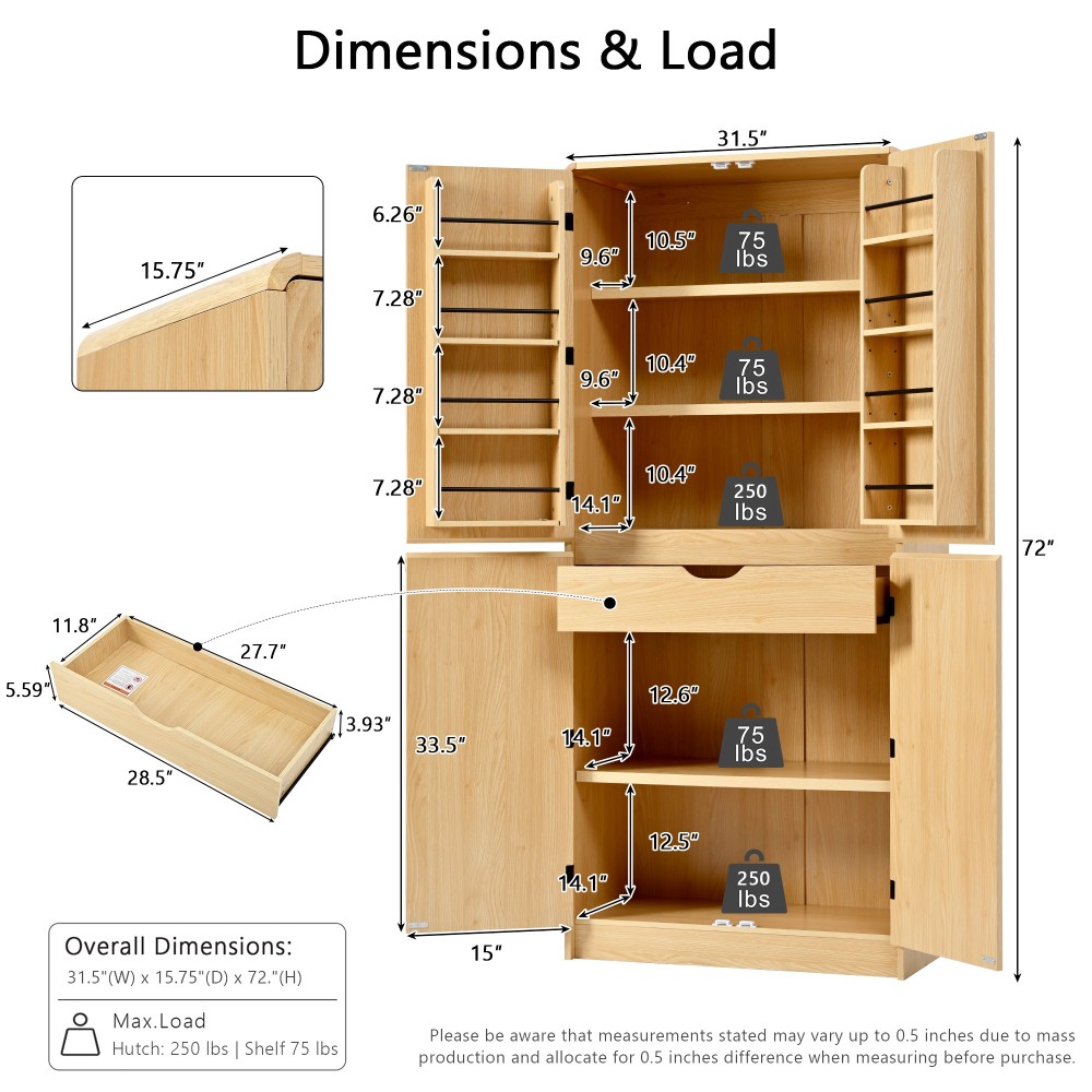 K&K 72" Tall Farmhouse Kitchen Pantry Cabinet with 8 Door Shelves, Curved Design Storage Cabinet with 3 Adjustable Shelves, Hidden Drawer, Versatile Cupboard for Kitchen, Dining & Bathroom, Natural
