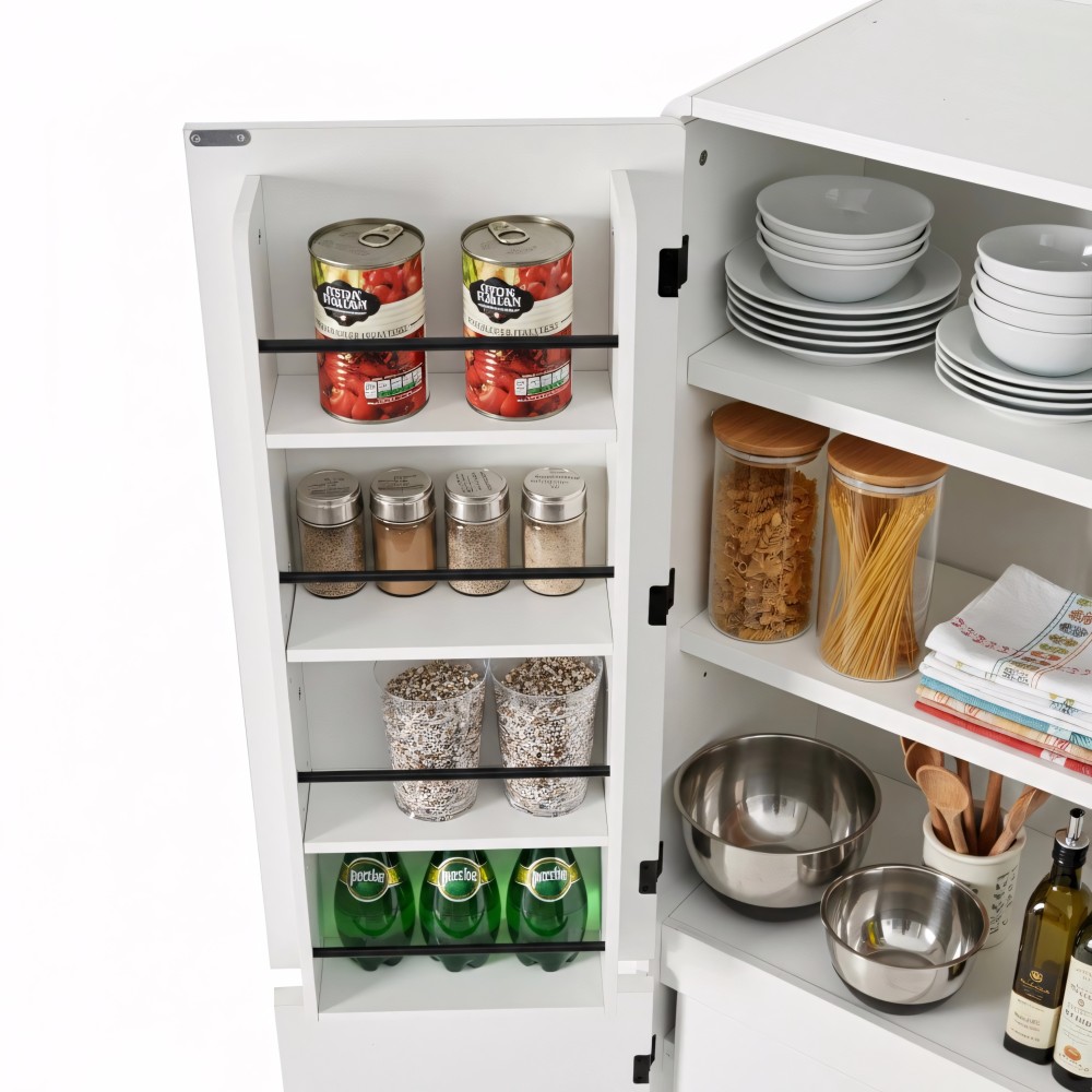K&K 72" Tall Farmhouse Kitchen Pantry Cabinet with 8 Door Shelves, Curved Design Storage Cabinet with 3 Adjustable Shelves, Hidden Drawer, Versatile Cupboard for Kitchen, Dining & Bathroom, White