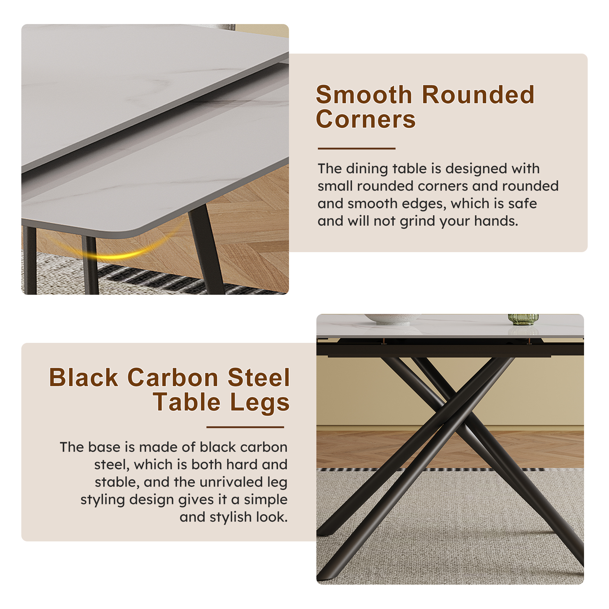 71 inch Retractable Sintered Stone Dining Table Set, black carbon steel cross-legs, White (Table + 4 Chairs)