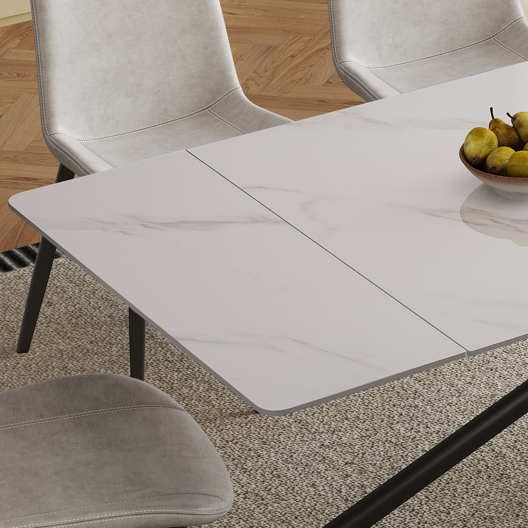 71 inch Retractable Sintered Stone Dining Table Set, black carbon steel cross-legs, White (Table + 4 Chairs)