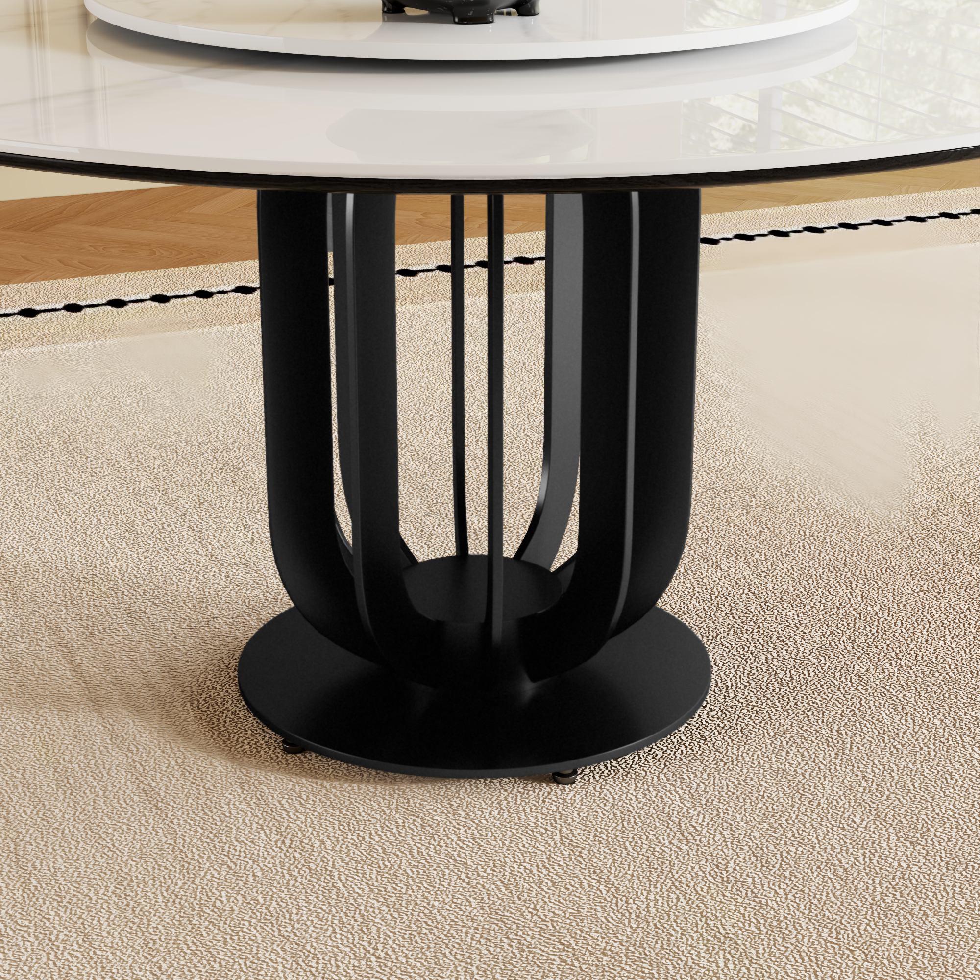 59" Round Sintered Stone Dining Table with Black Carbon Steel Base and 31.5" Lazy Susan- for Kitchen,Dining Room (8 chairs)