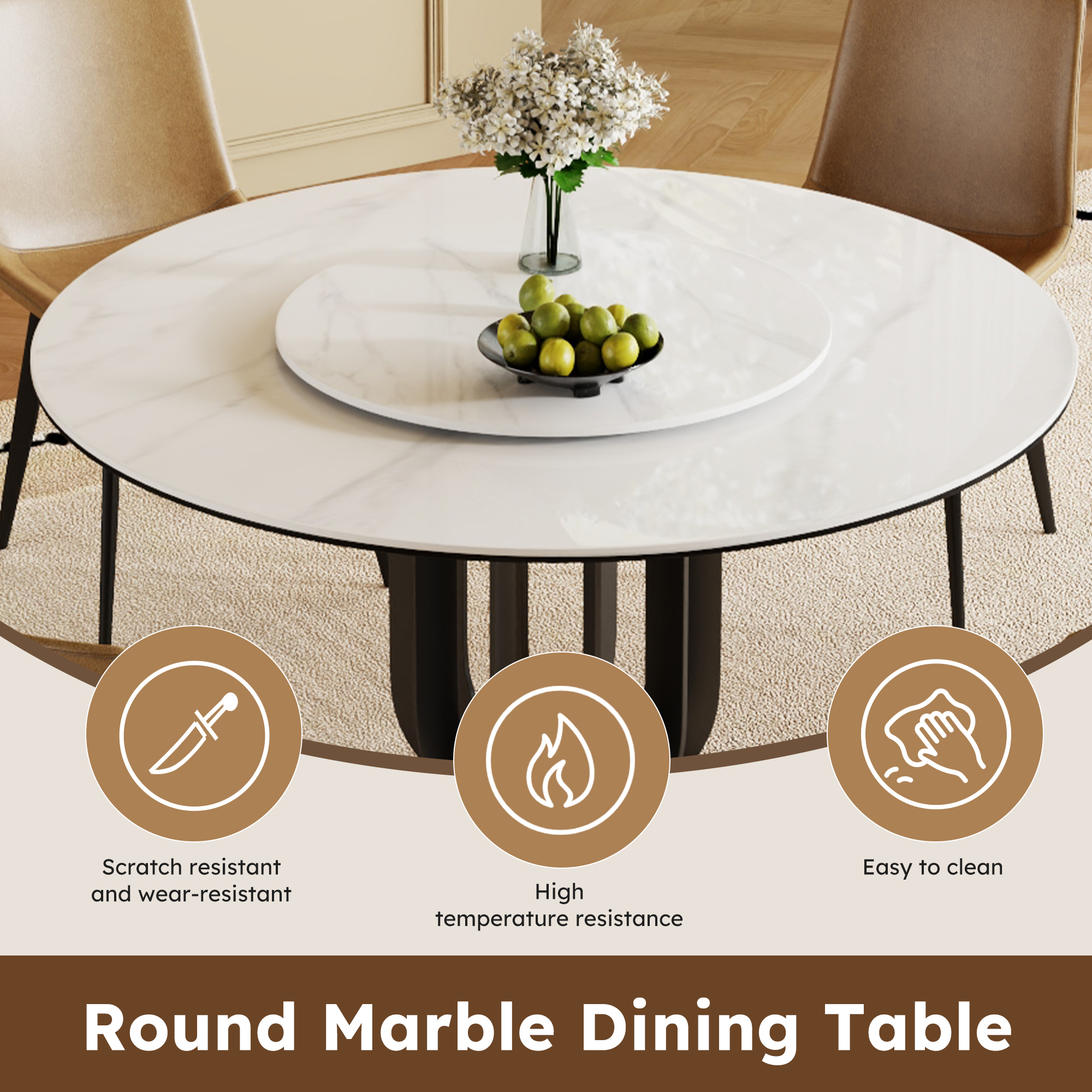 59" Round Sintered Stone Dining Table with Black Carbon Steel Base and 31.5" Lazy Susan- for Kitchen,Dining Room(4 chairs)